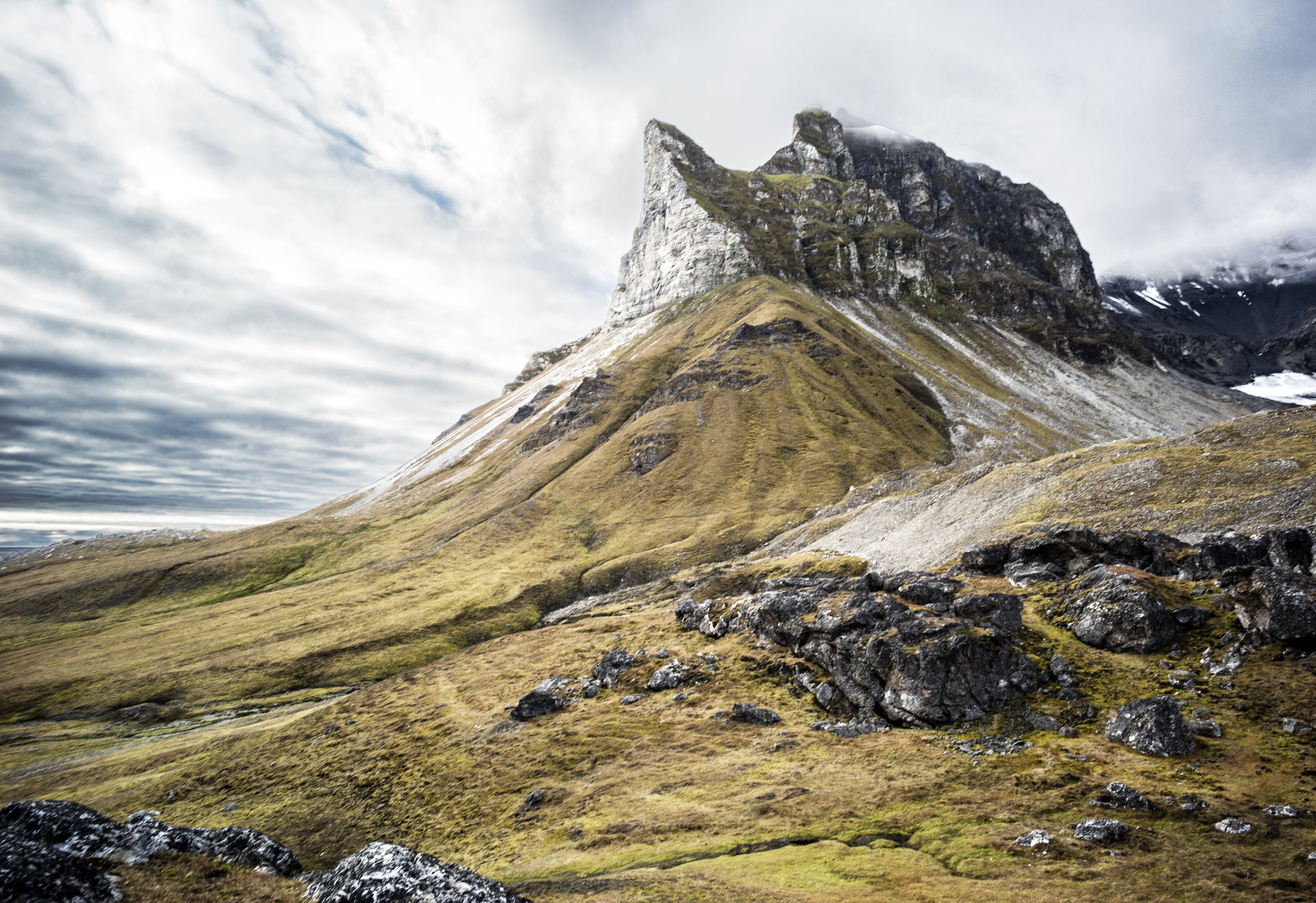 Remote, stratus, white mountain, black and white, stratus clouds, white, clouds, Svalbard, mountain, black, 5K, daytime, HD Wallpaper