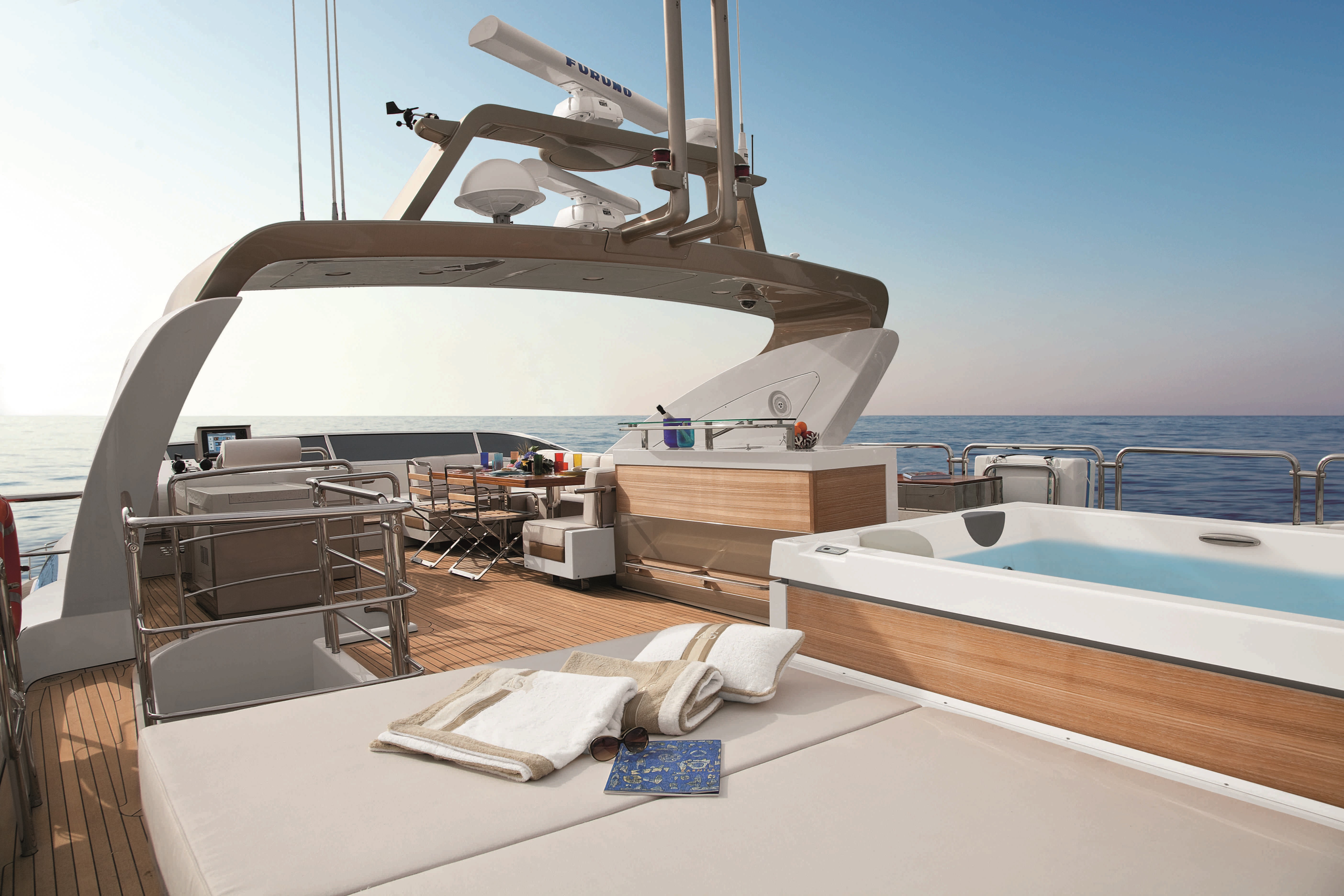 Jacuzzi, luxury, no people, design, Suite, deck, table, yacht, sea, clear sky, nature, horizon, transportation, 5K, mode of transportation, interior, outdoors, HD Wallpaper