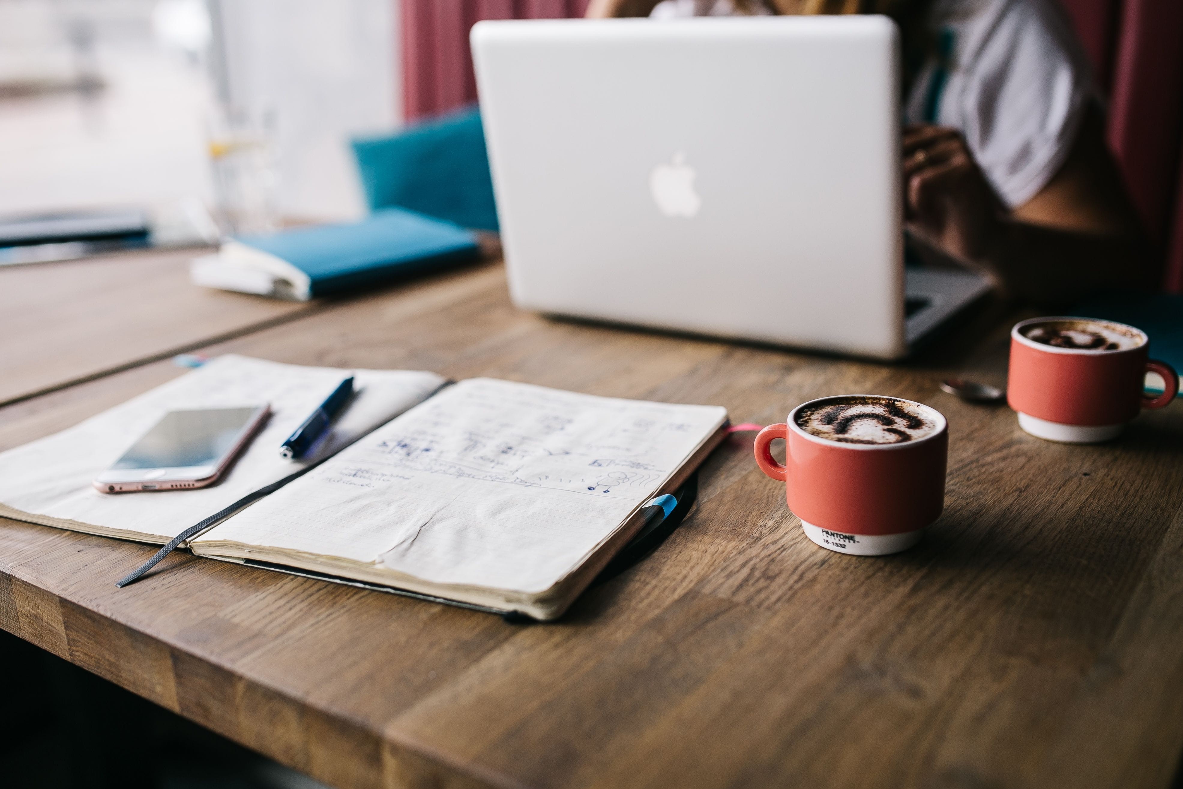 internet, refreshment, workspace, macbook, restaurant, desk, document, female, table, no people, furniture, paper, caucasian, mug, wireless technology, HD Wallpaper