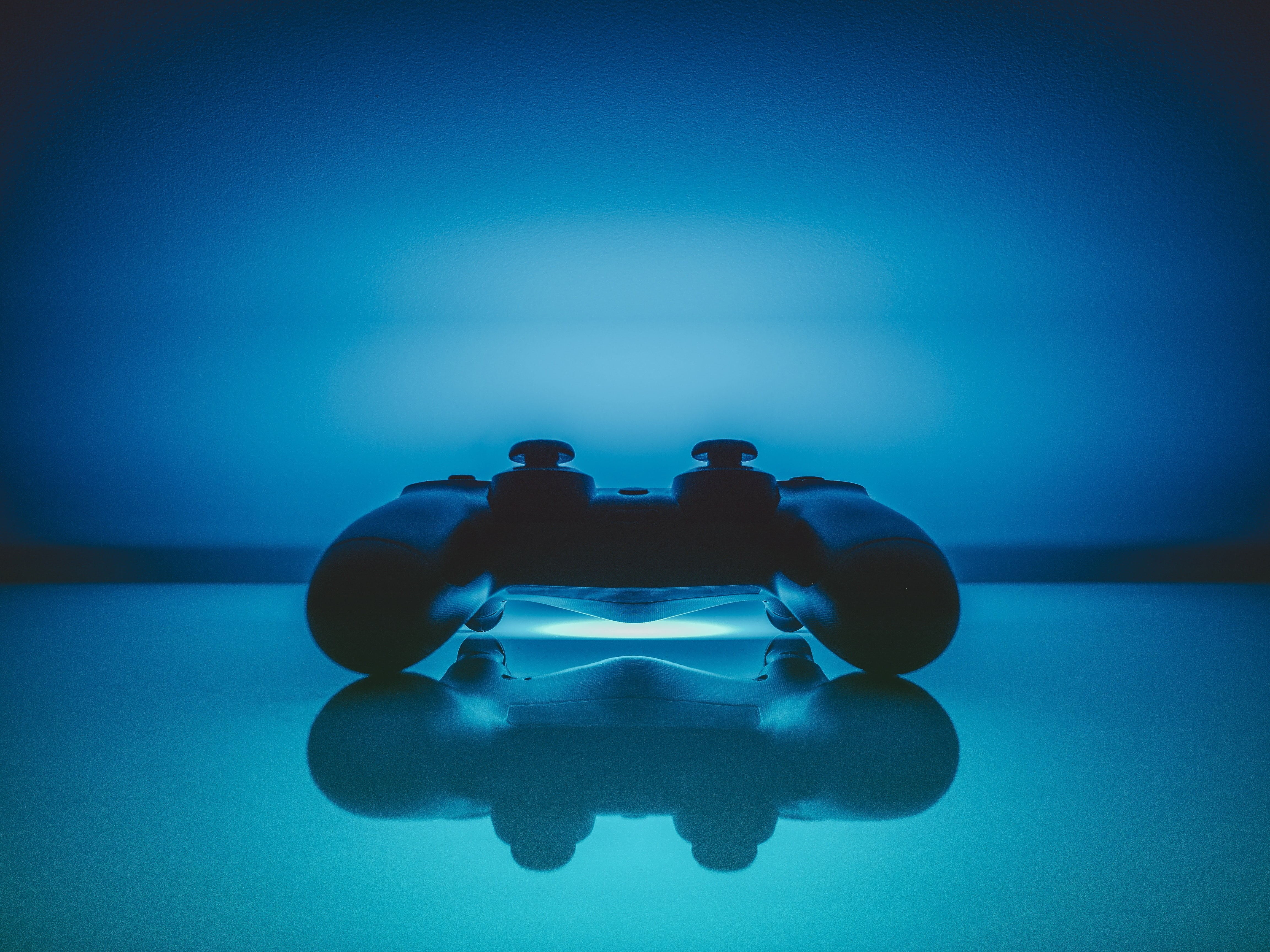 copy space, close-up, joystick, reflection, two people, gamepad, blue, colored background, 4K, board game, two objects, table, leisure activity, indoors, HD Wallpaper