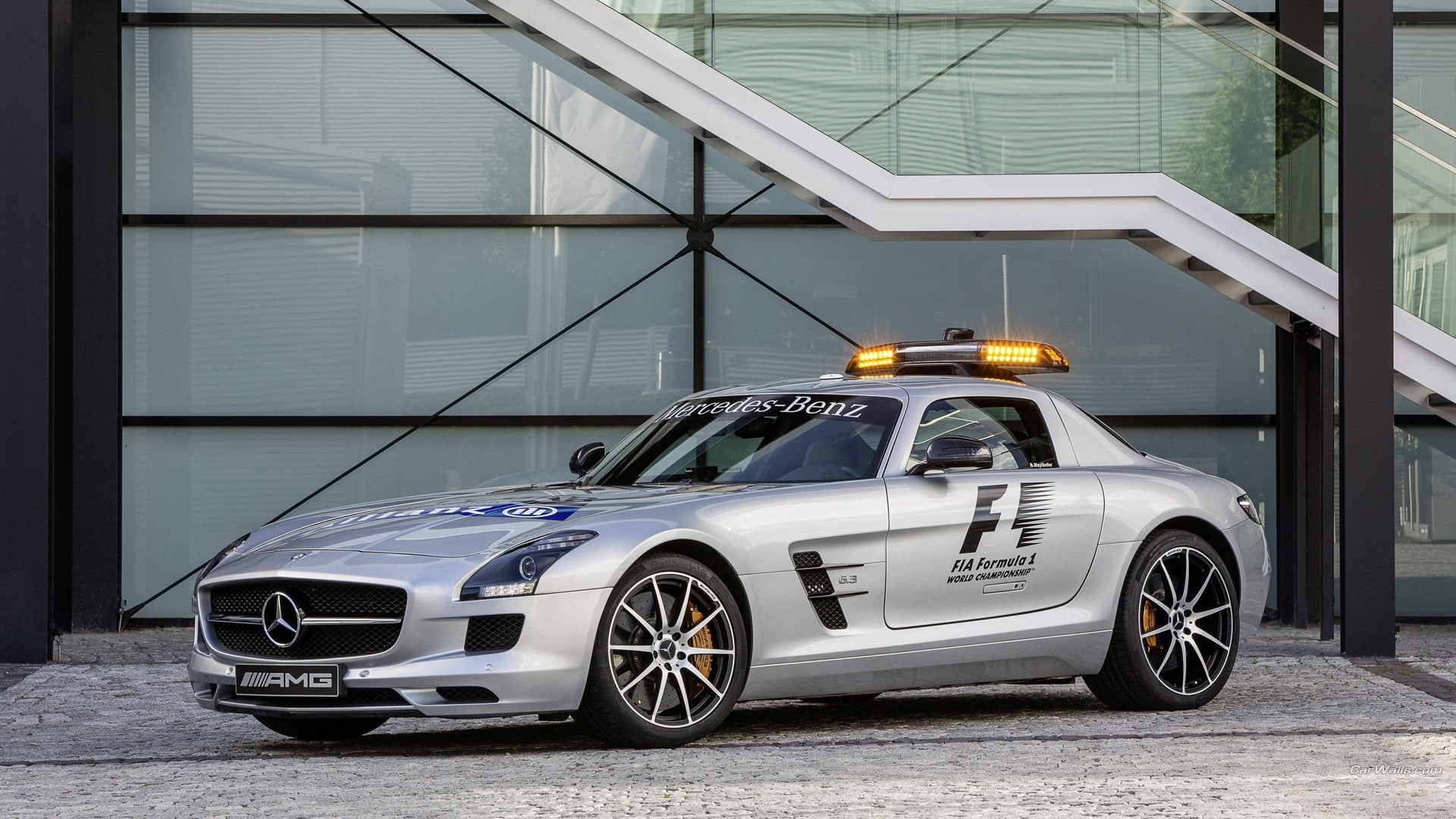 Mercedes SLS, safety car, vintage car, no people, modern, building exterior, car, retro styled, luxury, street, motor vehicle, wealth, 1080P, built structure, HD Wallpaper