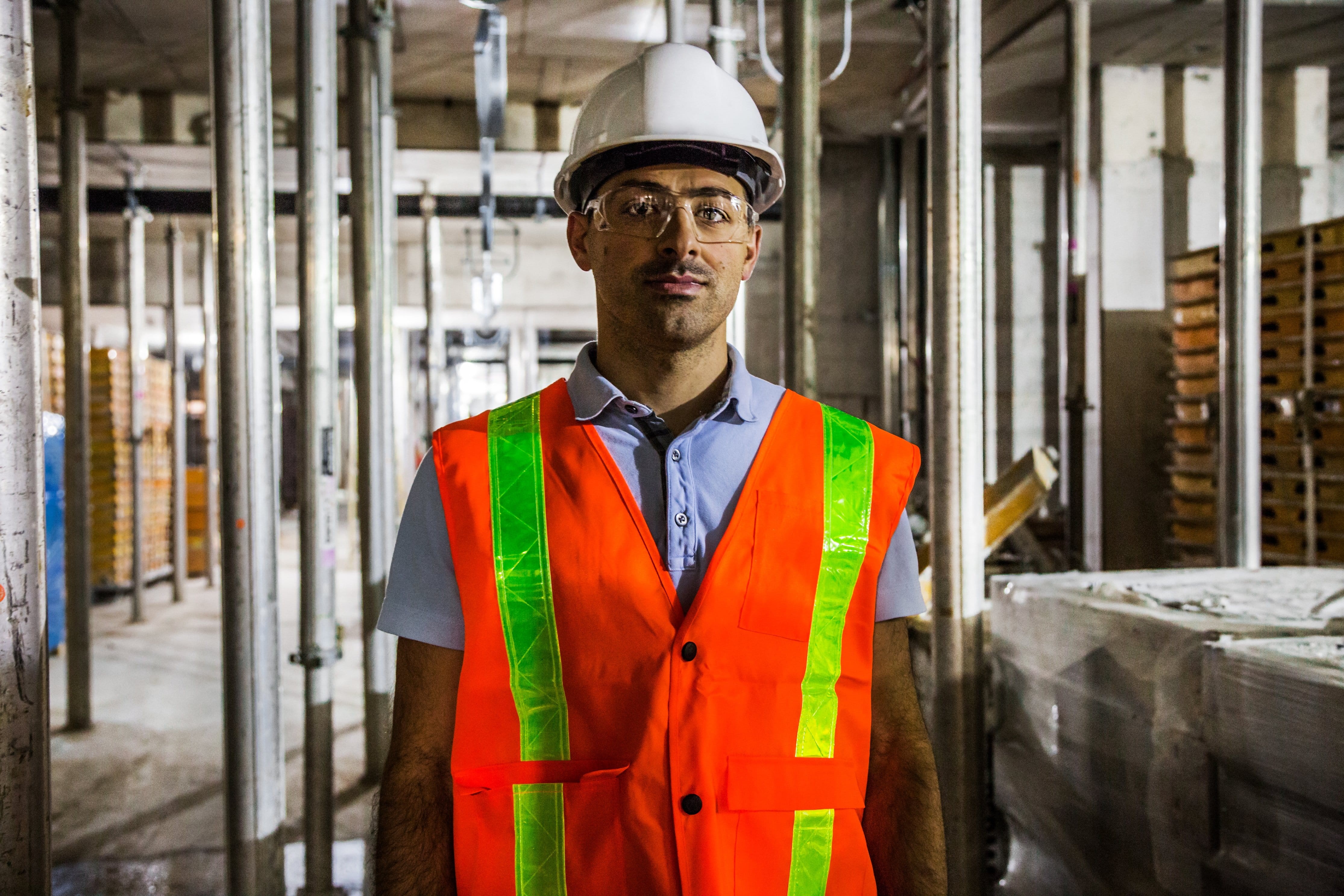 occupation, business, clothing, standing, hat, safety, worker, portrait, headwear, one person, looking at camera, Men, reflective clothing, Work, 4K, hardhat, HD Wallpaper