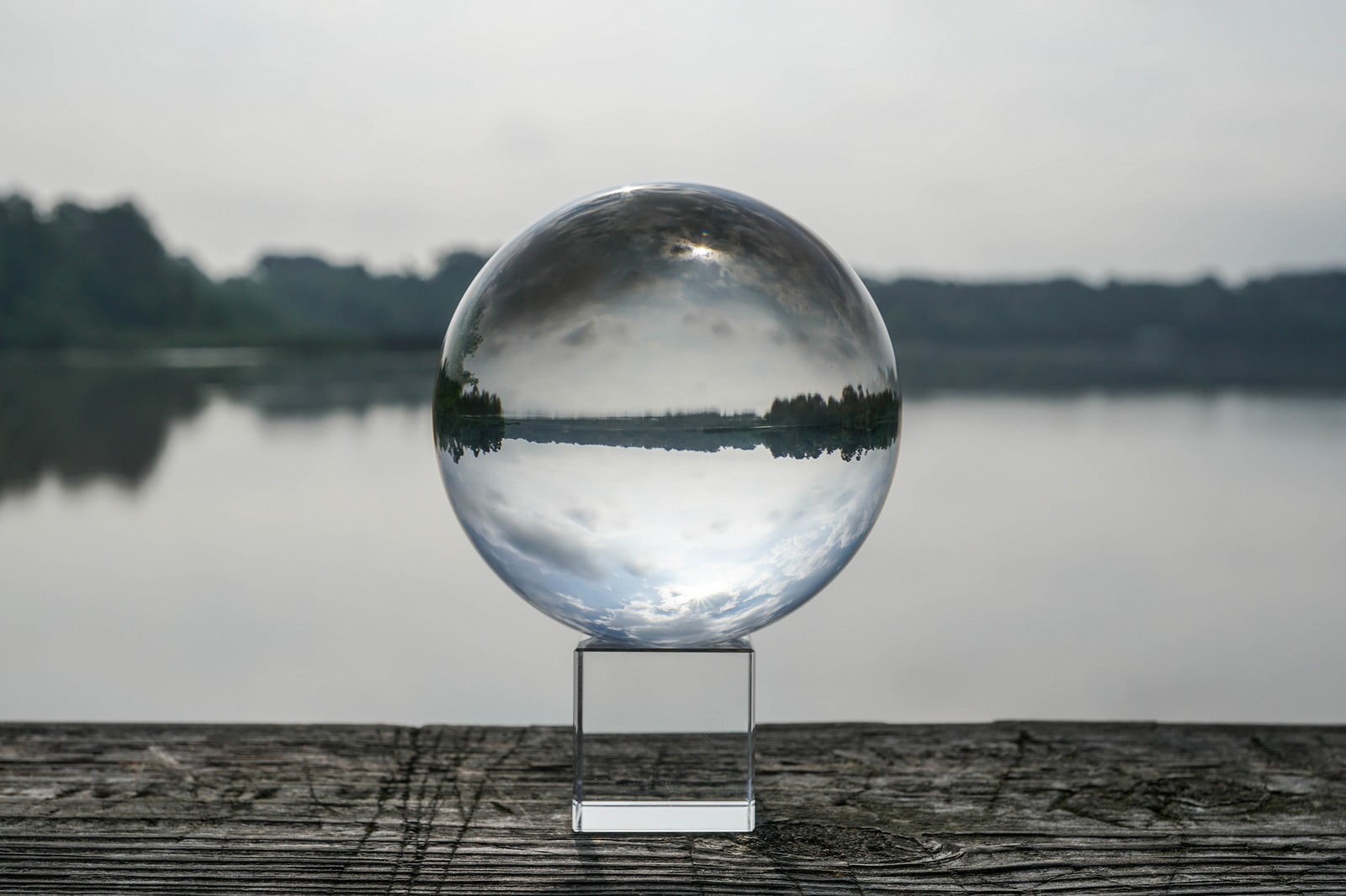 nature, transparent, no people, balls, glass - material, reflection, beauty in nature, tranquil scene, water, wood, sky, tranquility, crystal ball, glass, HD Wallpaper