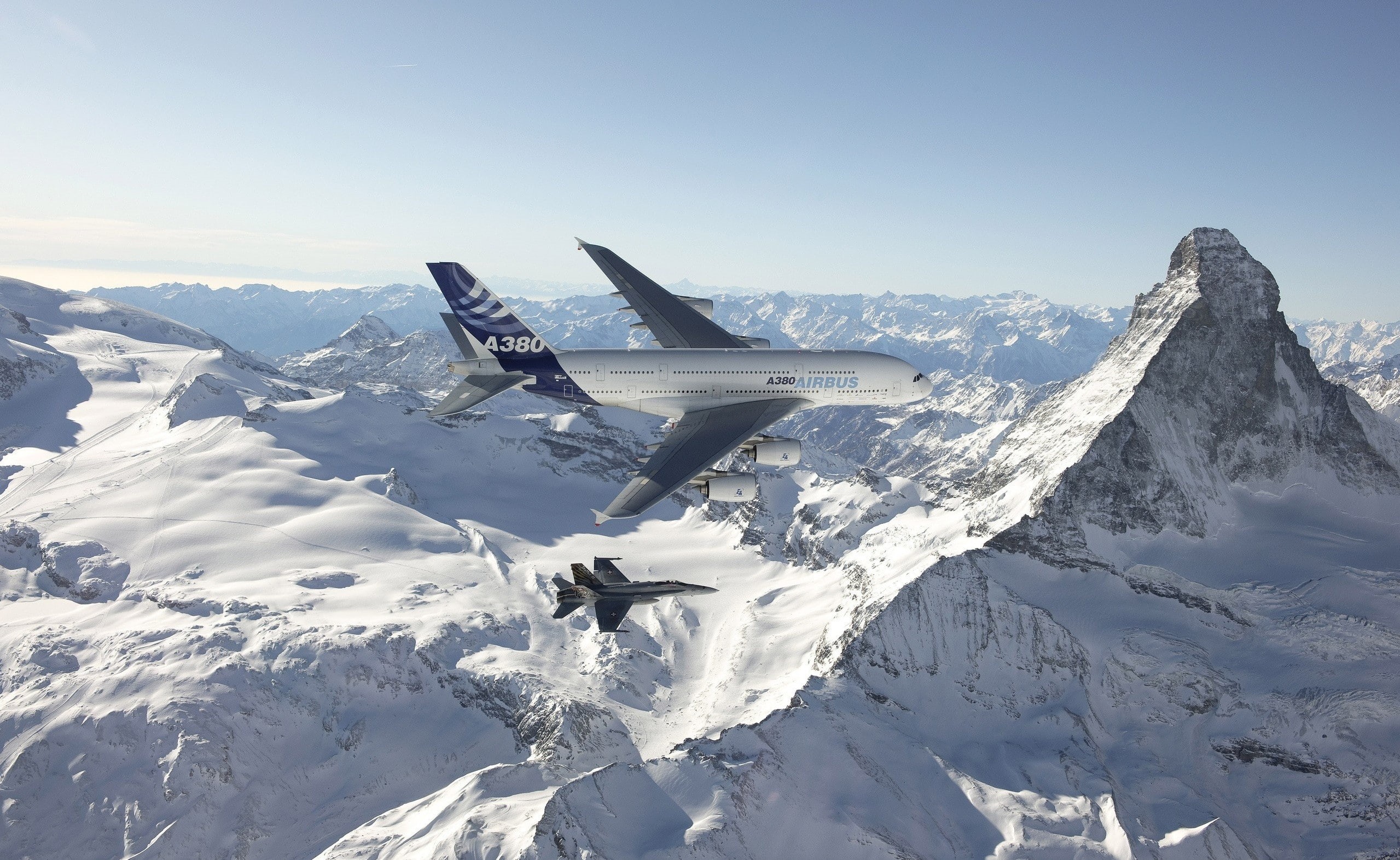 flying, sky, snow, passenger aircraft, motion, plane, mountain, day, McDonnell Douglas F/A-18 Hornet, outdoors, snowcapped mountain, Airbus A-380-861, transportation, HD Wallpaper