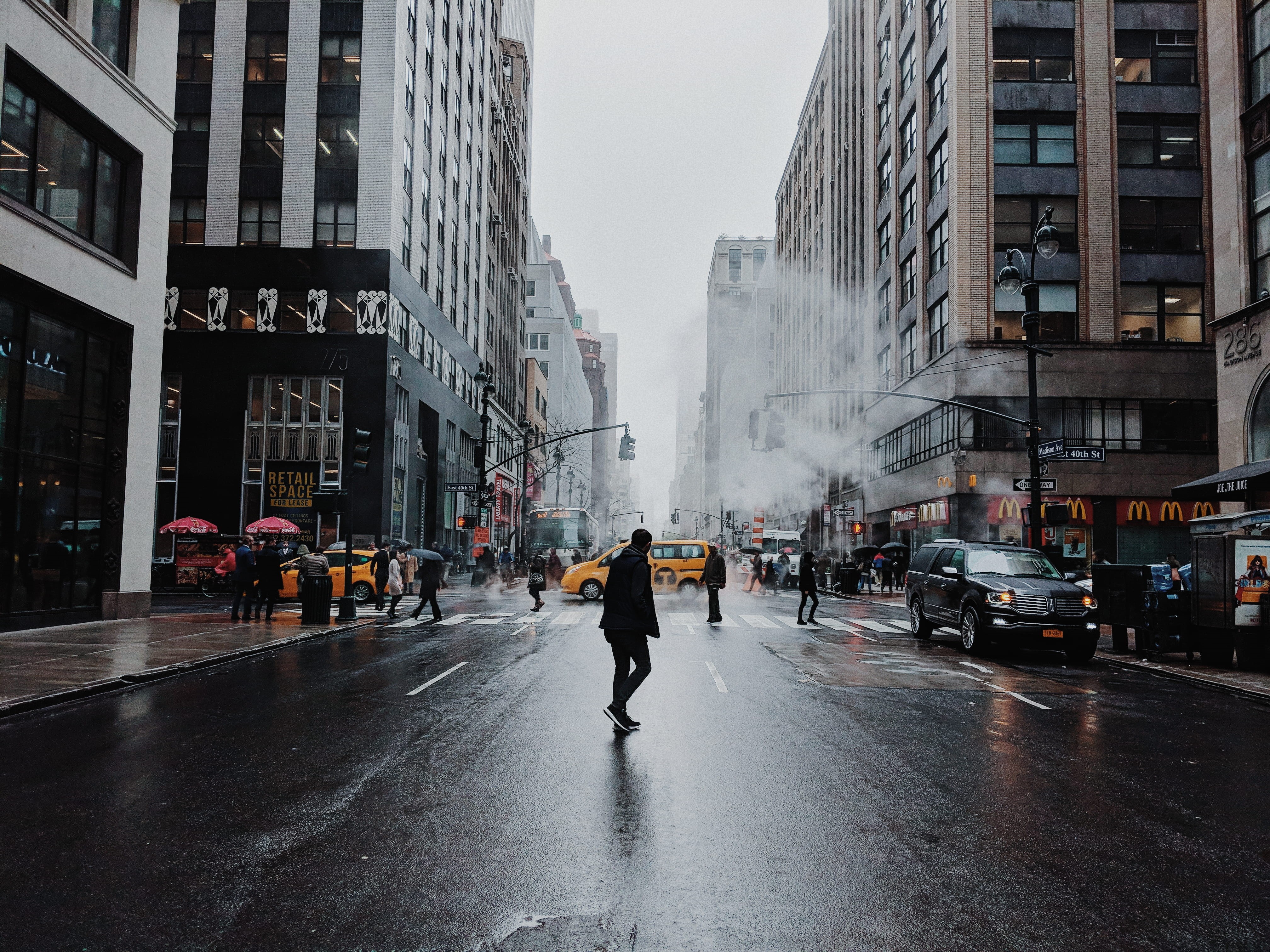 standing, raining, day, people, 4K, road, rain, travel, person, motor vehicle, real people, walk, black, office building exterior, diminishing perspective, HD Wallpaper