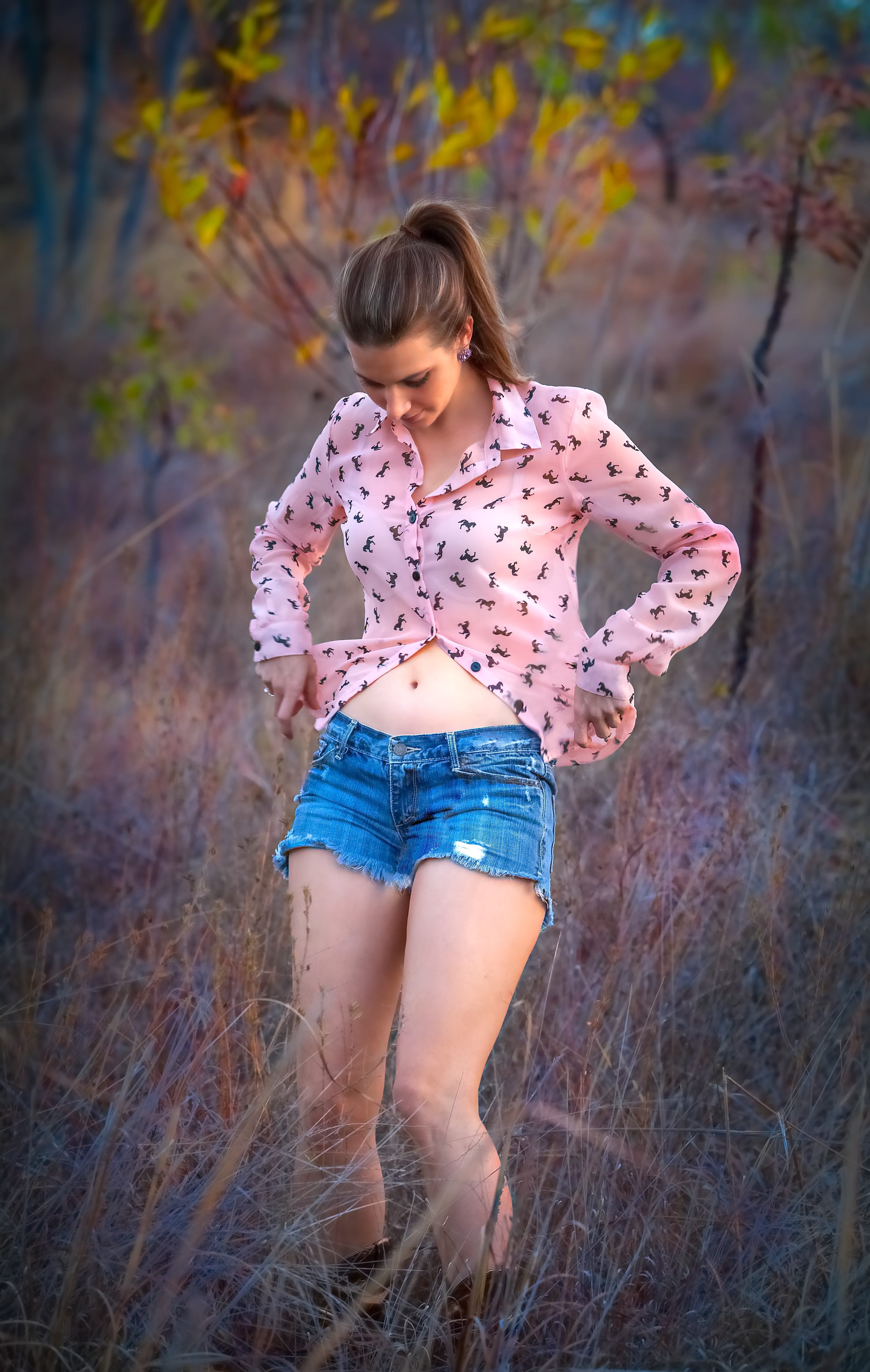 girl, portrait, outdoors, women, blue, full length, cut, shirt, model, real people, brunette, field, focus on foreground, day, casual clothing, denim, 4K, Phone HD Wallpaper