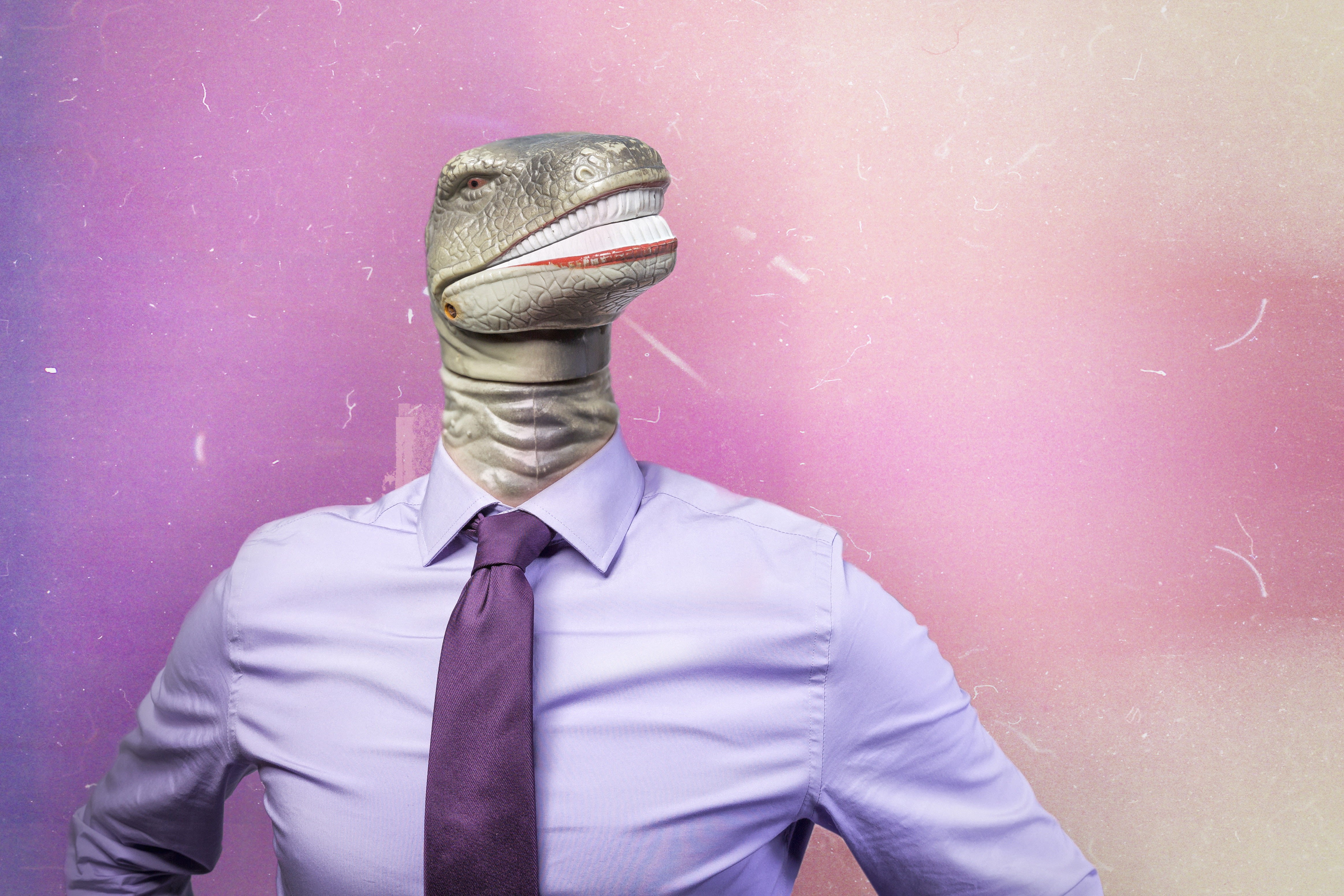 necktie, caucasian Ethnicity, men, goofy, business Person, toy, 4K, suit, obscured face, long, front view, waist up, indoors, purple, grunge, teeth, males, HD Wallpaper