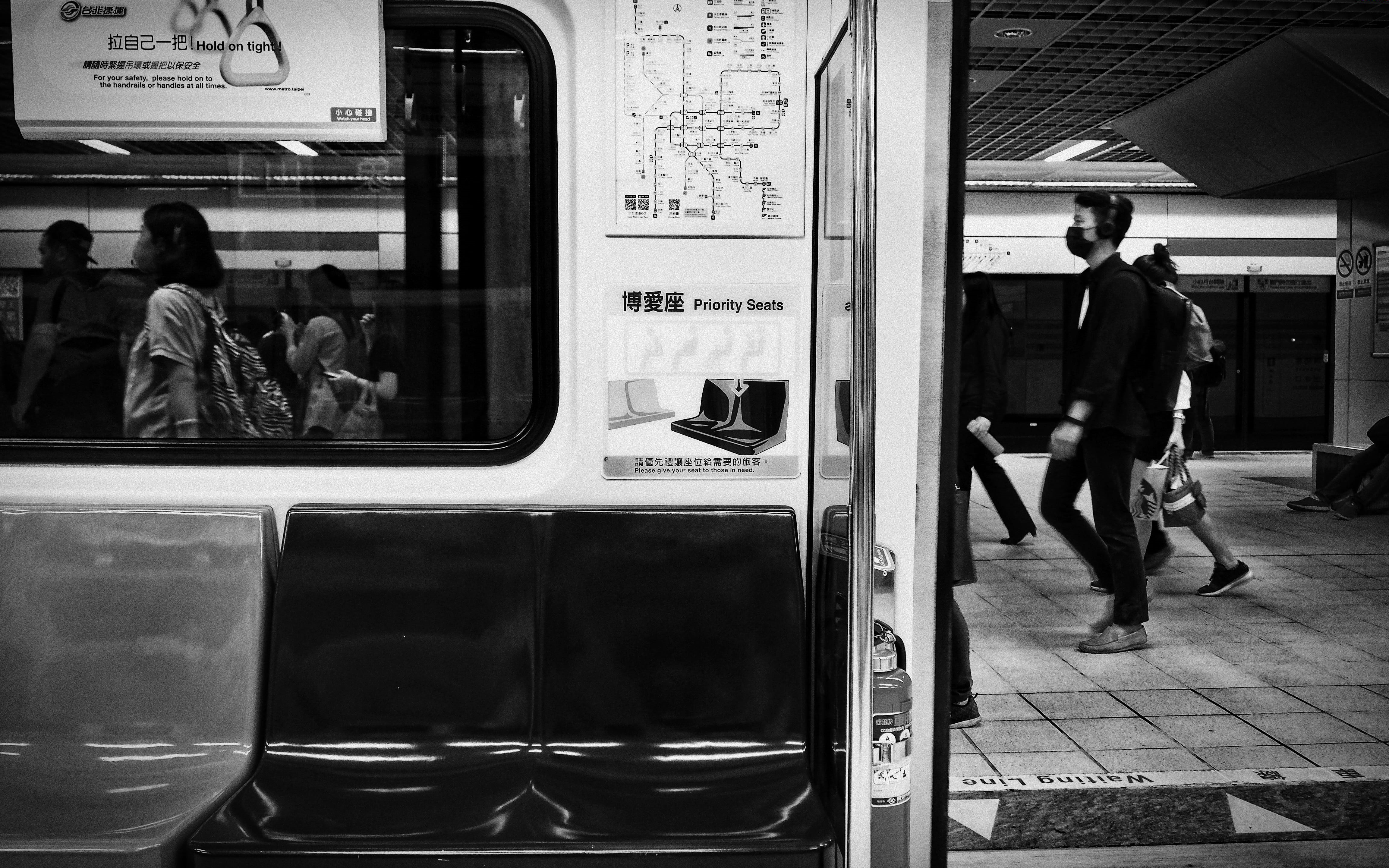 tube, outdoors, men, seat, pedestrian s, subway, passenger train, travel, incidental people, transportation, walking, train station, black and white, passenger, HD Wallpaper