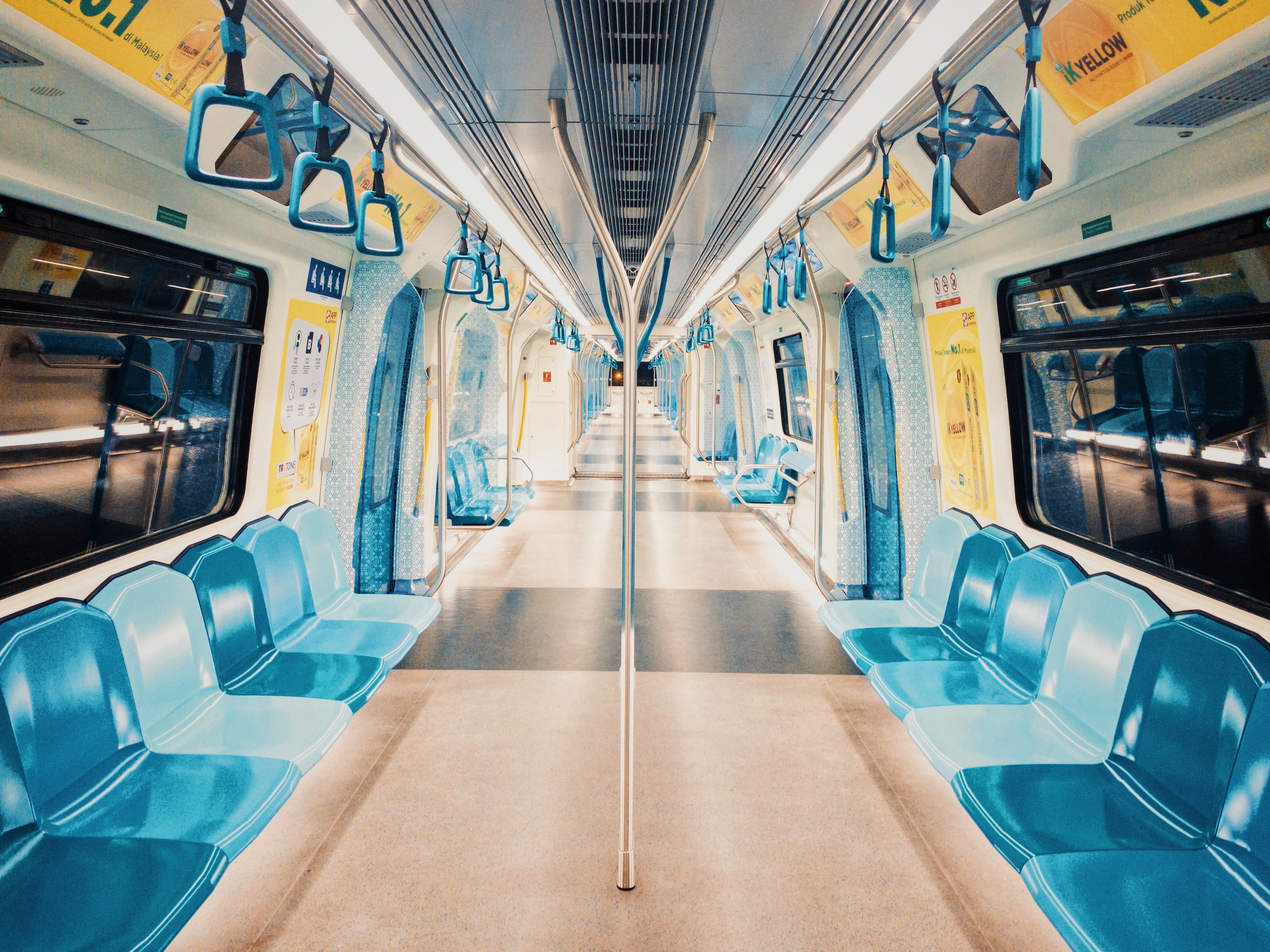 seat, chairs, ship, cushion, rail transportation, train, indoors, blue, direction, interior, train - vehicle, diminishing perspective, subway, mode of transportation, HD Wallpaper