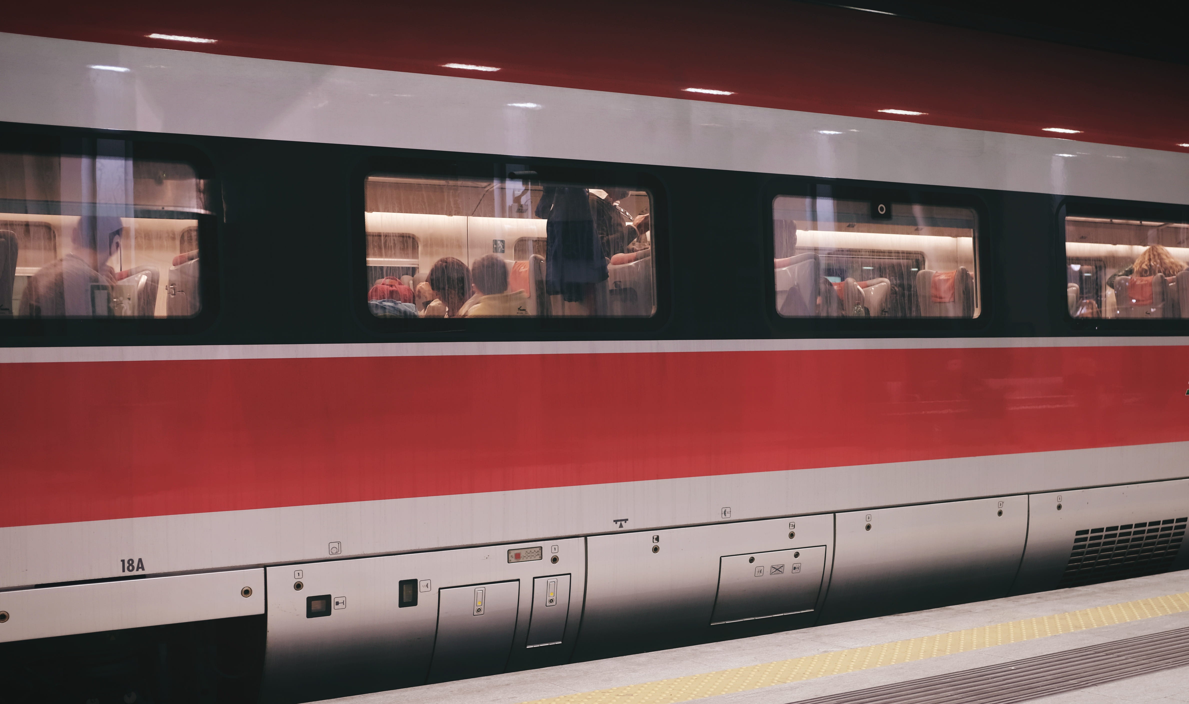 railroad station, transport, public transportation, riding, platform, railroad car, station, group, train - vehicle, red, train, subway train, 4K, indoors, HD Wallpaper