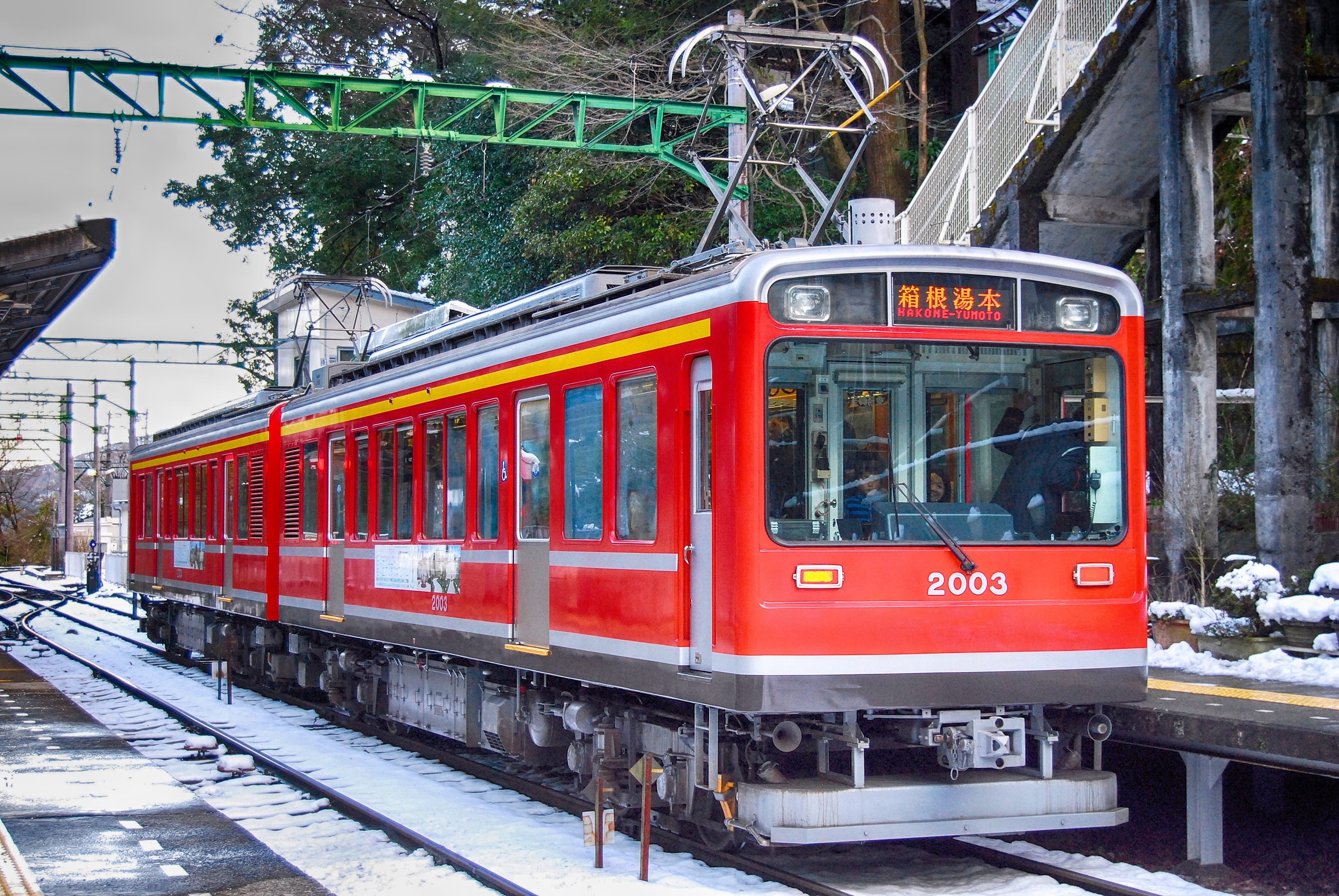 public Transportation, Train, cable car, station, Metro, tree, red, mode of Transport, transportation, outdoors, day, europe, Japan, nature, Snow, Winter, HD Wallpaper