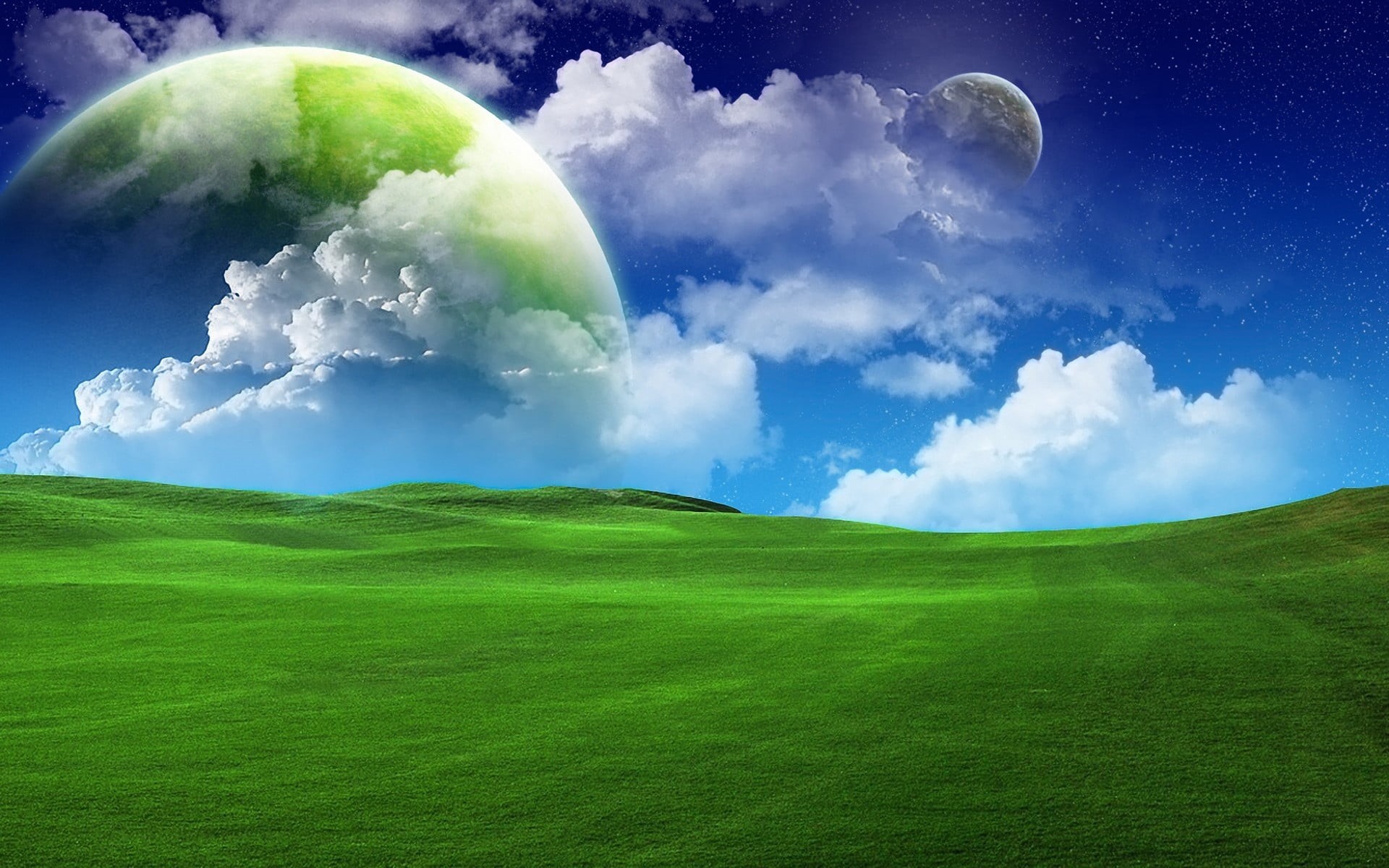 dark, planetary Moon, 1080P, clouds, astrology, plant, sunlight, digital composite, backgrounds, meadow, cloud - Sky, cloudscape, grass, summer, planet - Space, HD Wallpaper