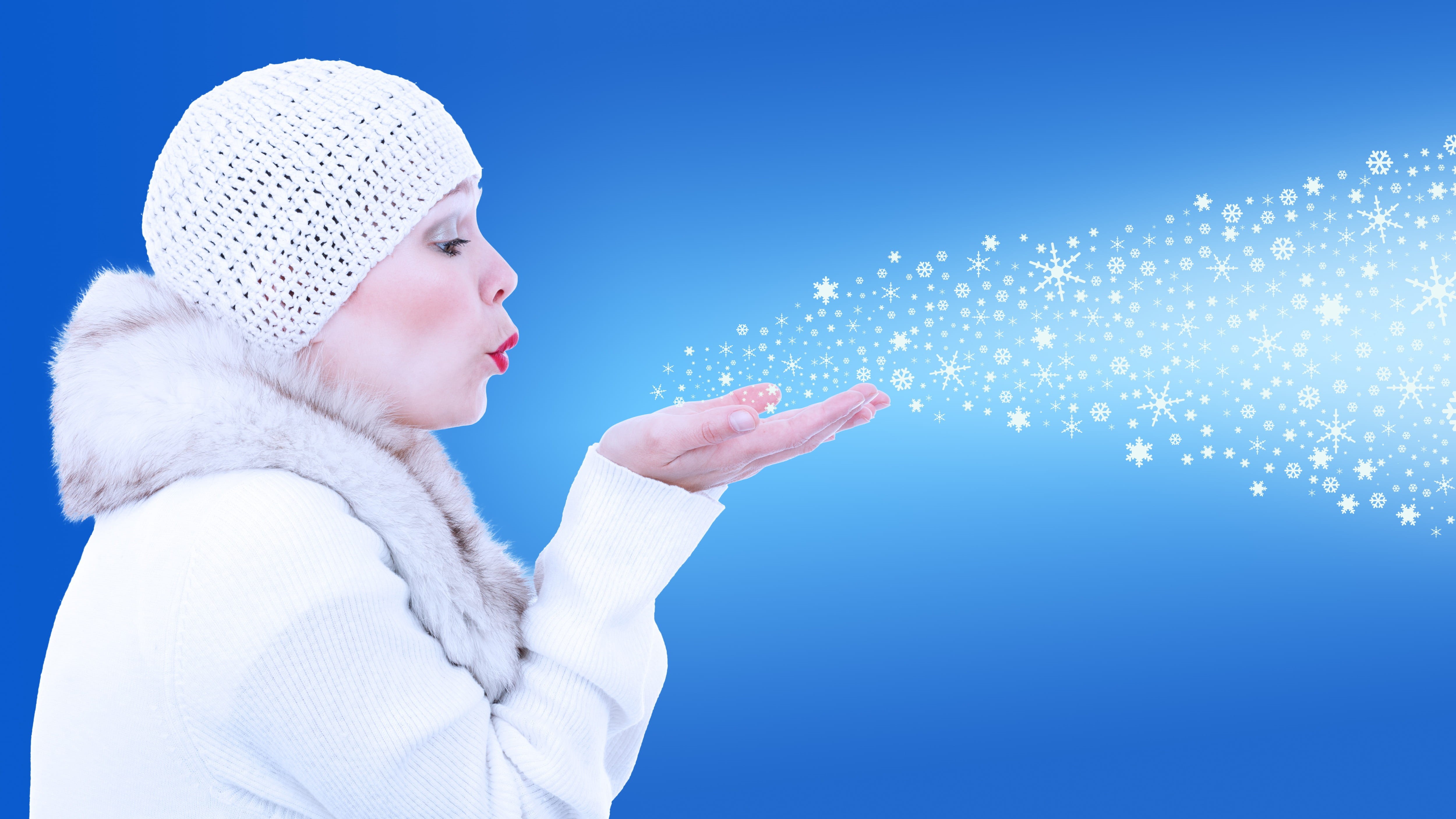 one Person, blowing, cold - Temperature, nature, hands, blue, warm Clothing, human body part, blow, beautiful woman, cold, cold temperature, year, white, HD Wallpaper