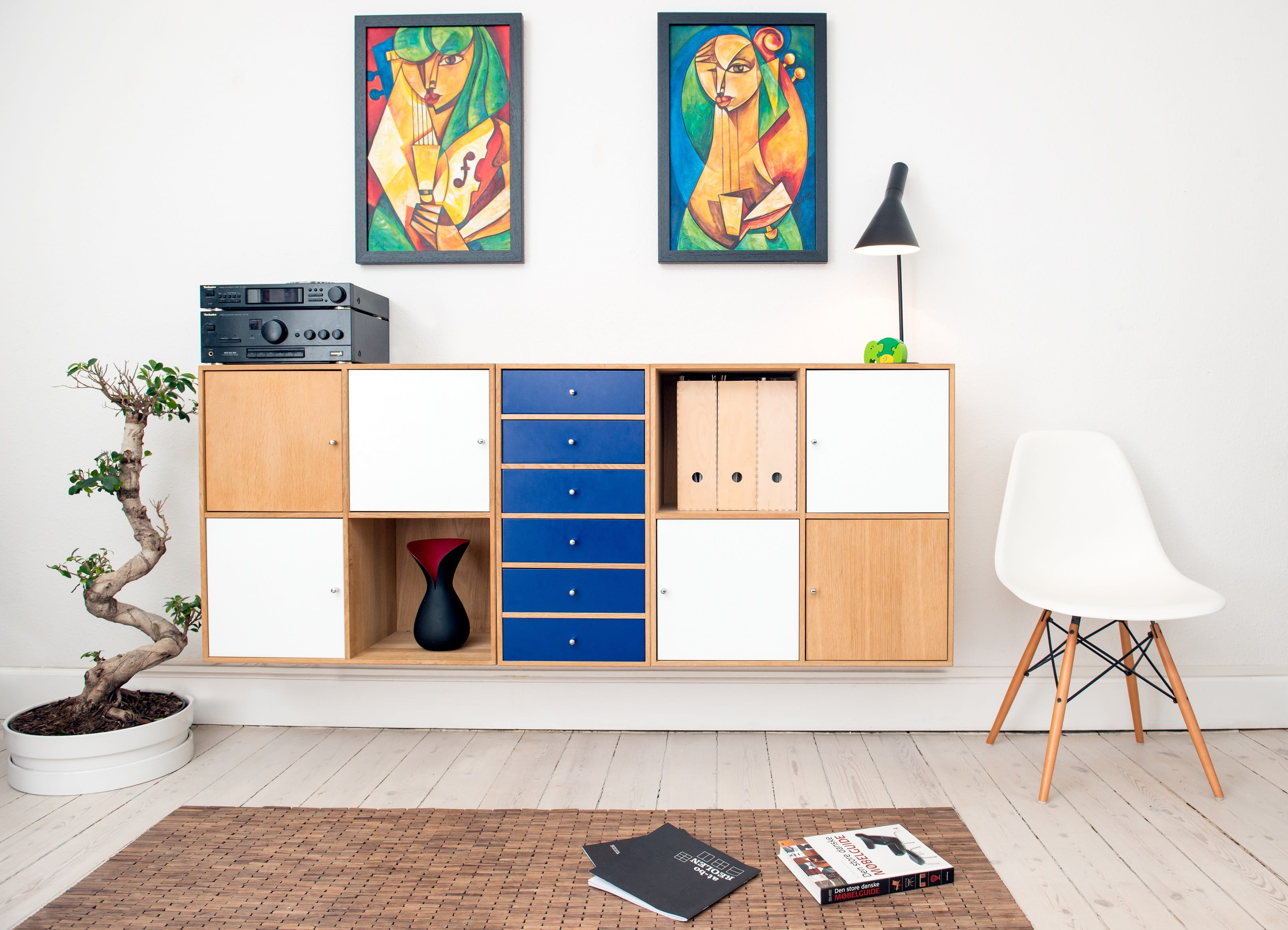 domestic room, frame, bookshelf, 2K, architecture, indoors, electric lamp, no people, plant, seat, shelf, home interior, room, potted plant, chair, lamp, HD Wallpaper