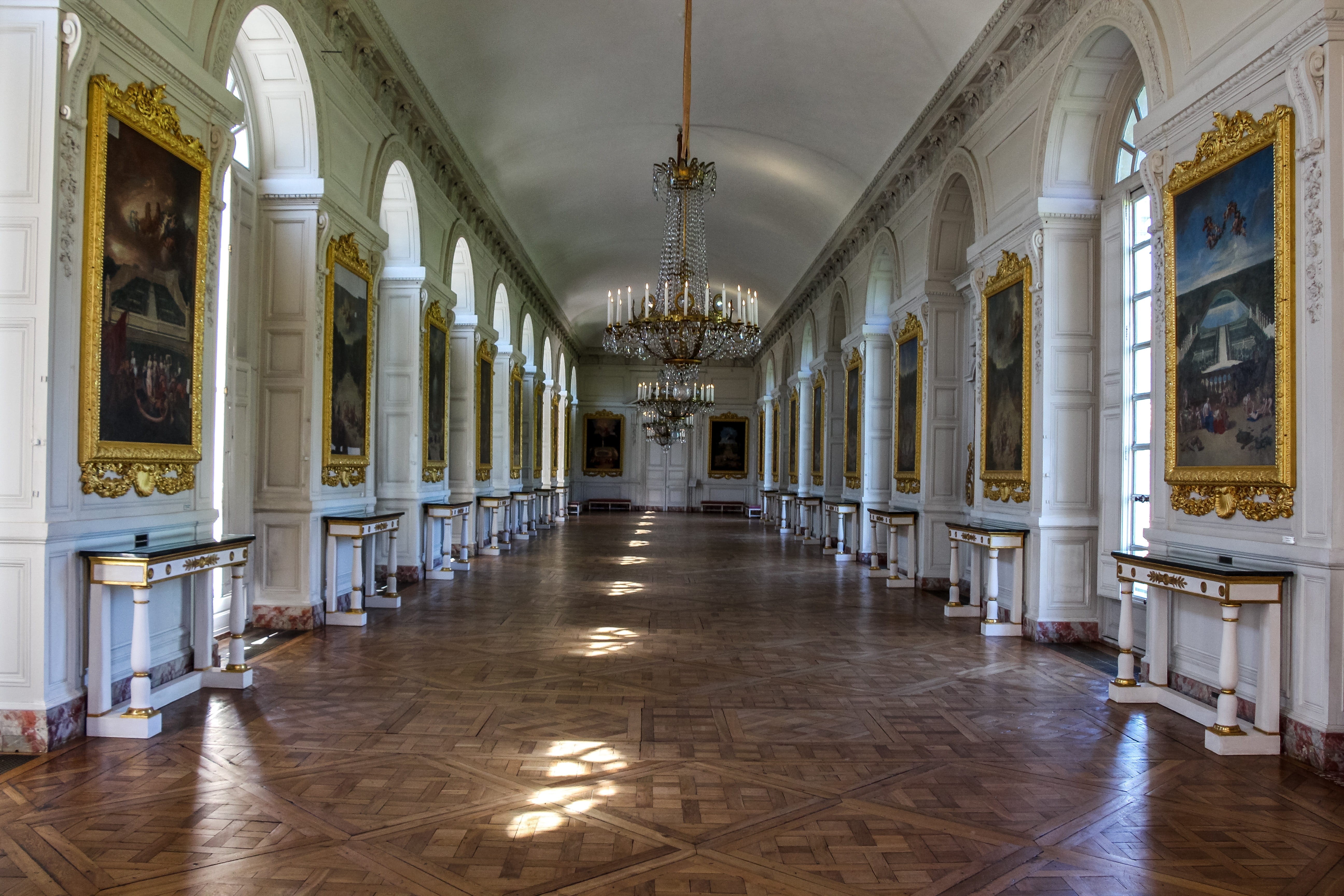 indoors, light, illuminated, ornate, arch, travel, the way forward, tiled floor, flooring, building, exhibit, window, luxury, versailles, interior, photo, HD Wallpaper