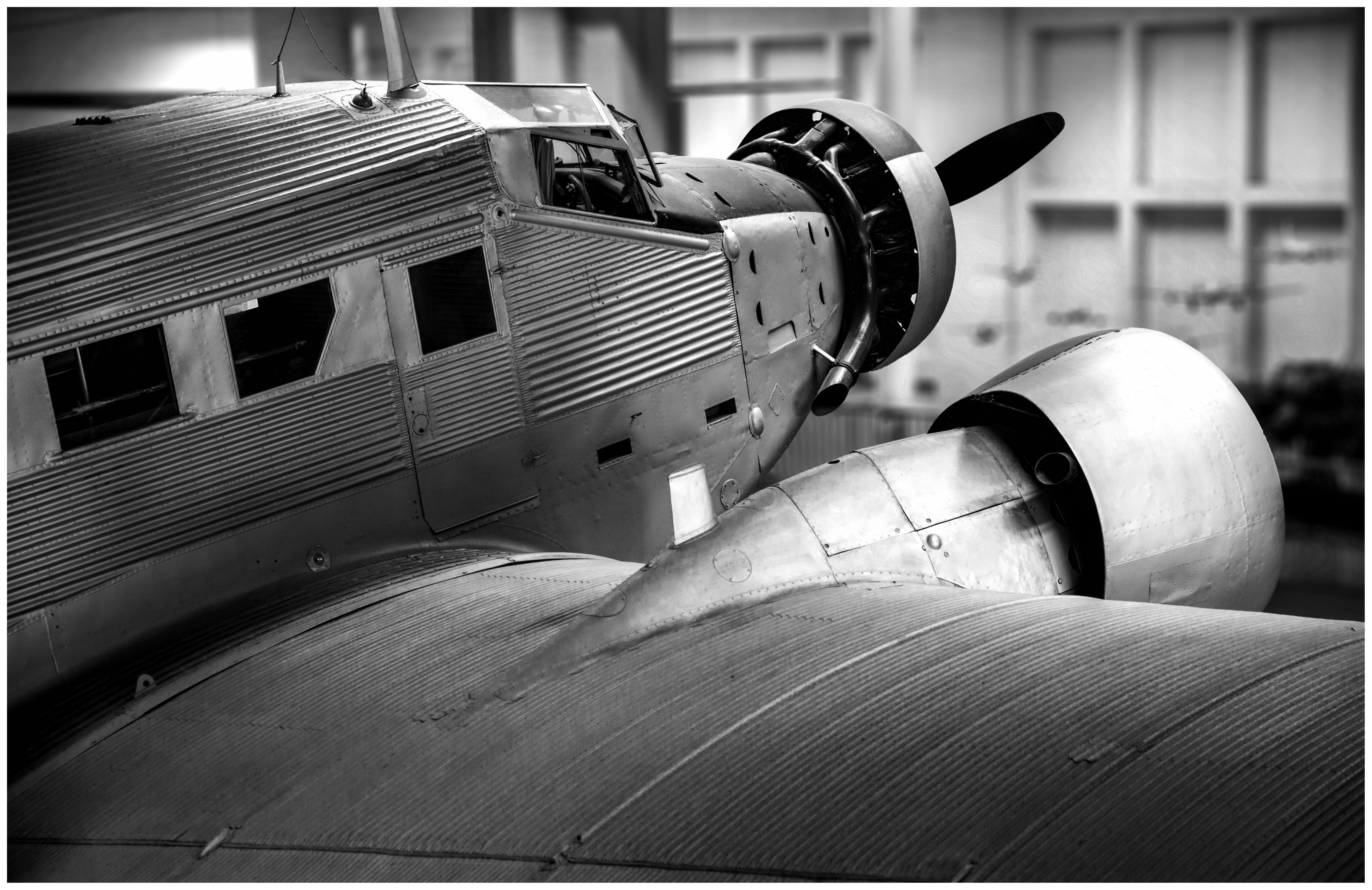 architecture, propeller, propeller plane, black and white, metal, aviation, industry, airport, building exterior, steel, grayscale, black-and-white, equipment, HD Wallpaper