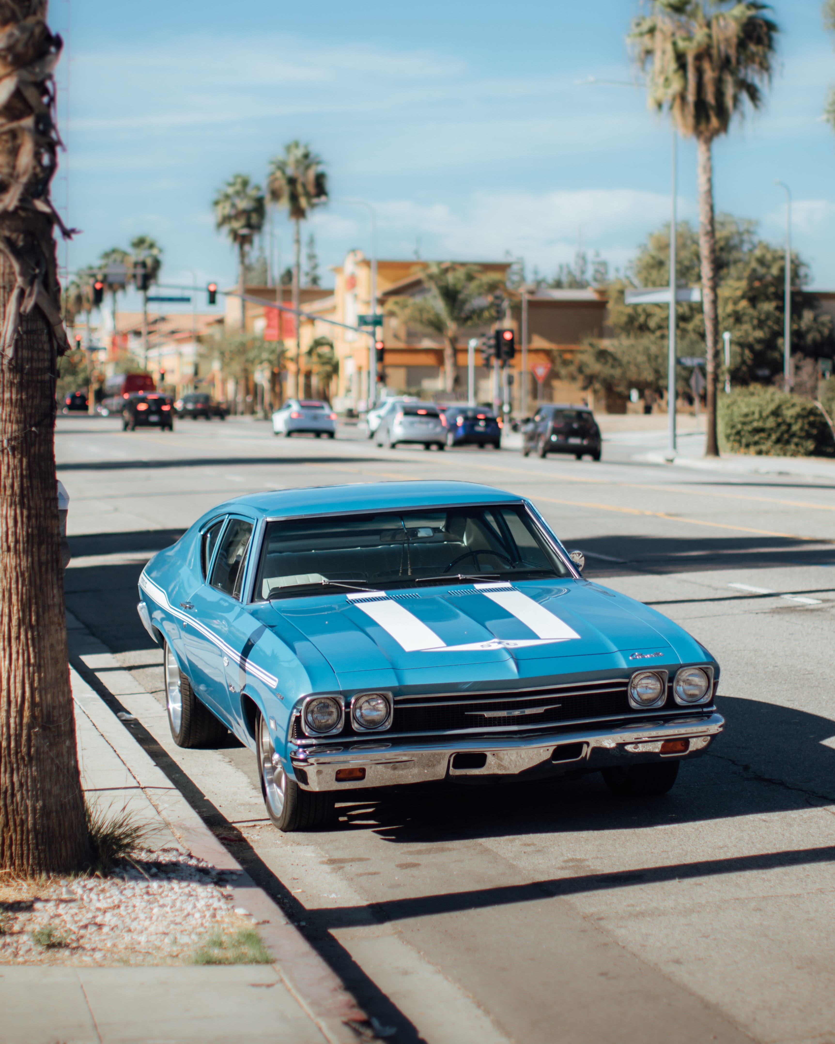 road, vintage car, architecture, parked, palm, caddilac, muscle car, sunlight, 4K, built structure, travel, brown, classic car, sky, car, motor vehicle, Phone HD Wallpaper