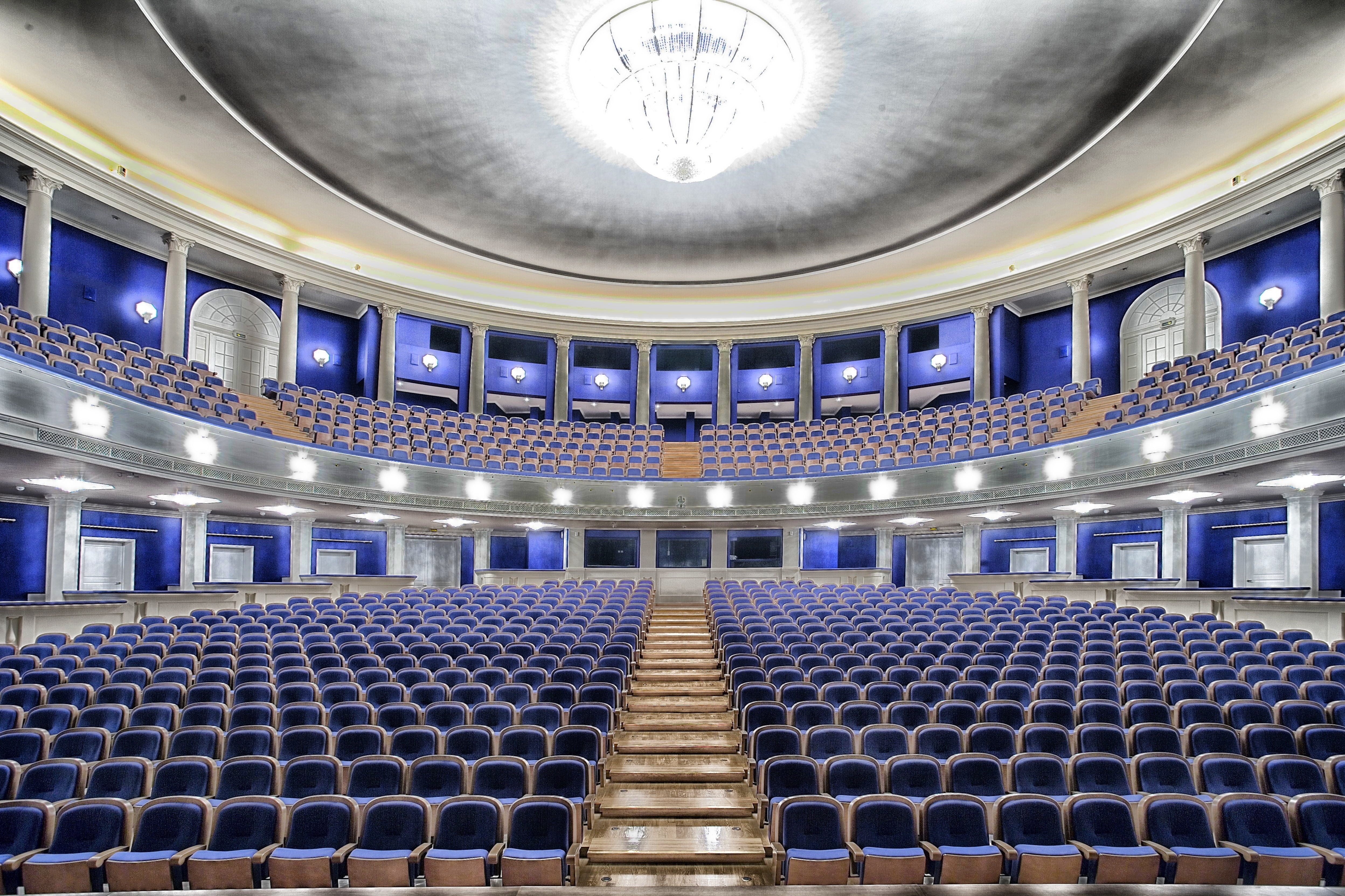 illuminated, cultures, lighting, theatre, seating, seats, indoors, luxury, interior, blue, theater, no people, auditorium, ballet, stage, art and craft, HD Wallpaper