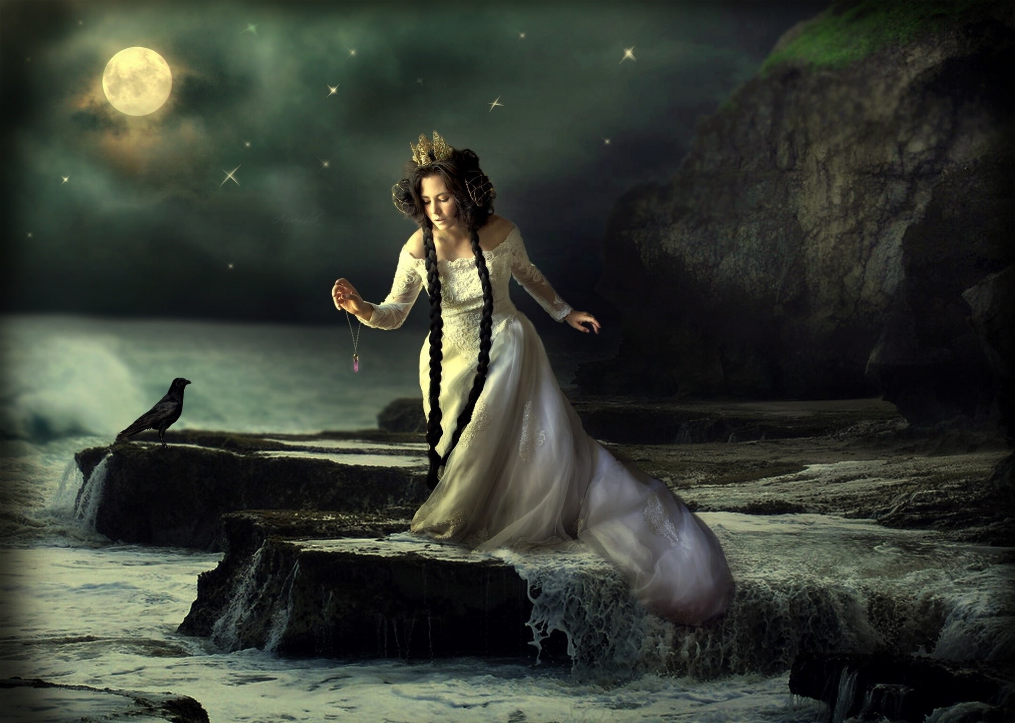 ocean, bird, loli, rock, Dark, fantasy, Medallion, dress, clothing, storm, fashion, sea, standing, one person, 1080P, full length, young adult, motion, HD Wallpaper