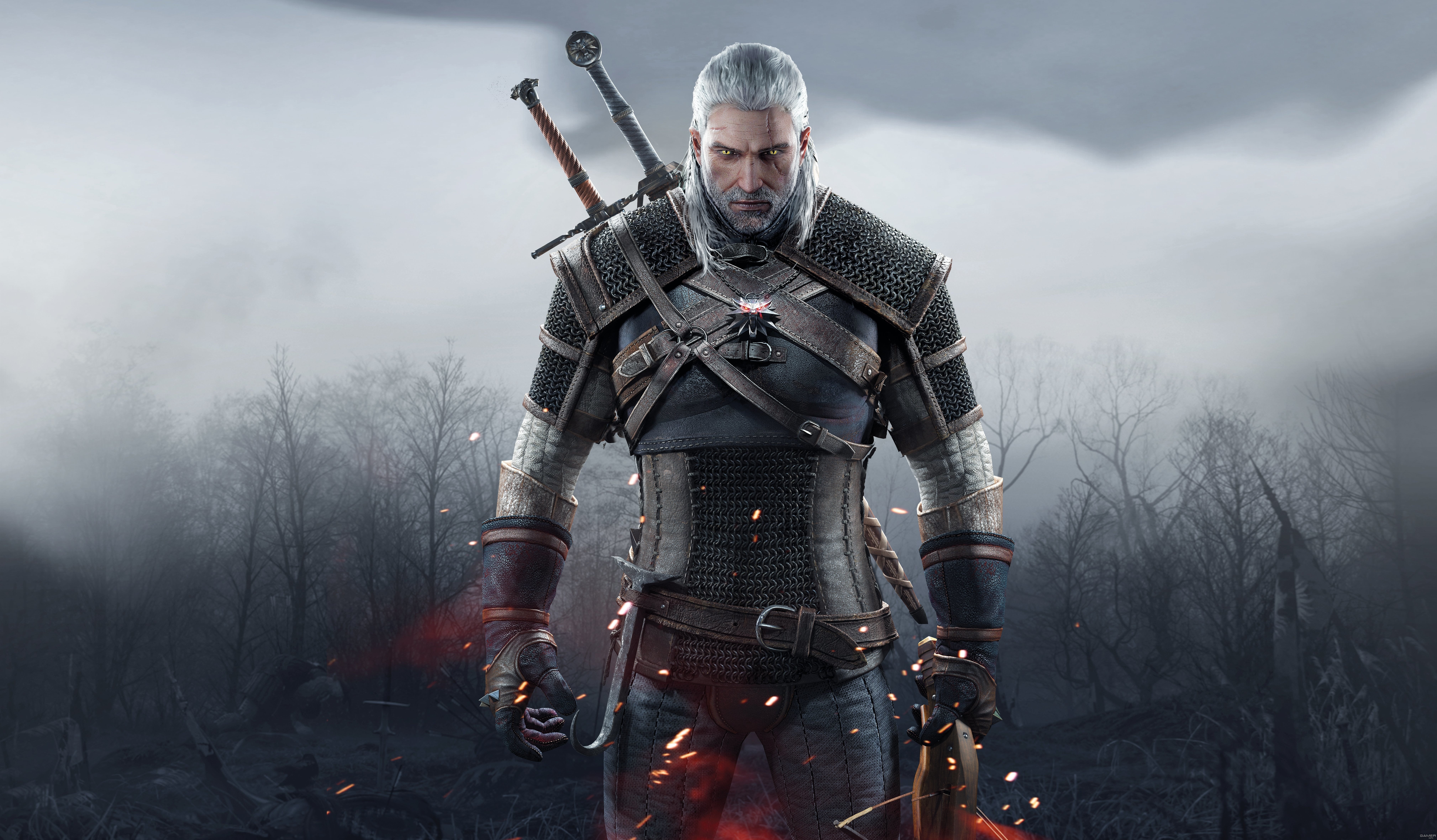 day, Scar, suit of Armor, courage, front view, body Armor, fighting, standing, work Helmet, The Witcher, fog, old, power, CD Projekt RED, hunt, medieval, HD Wallpaper