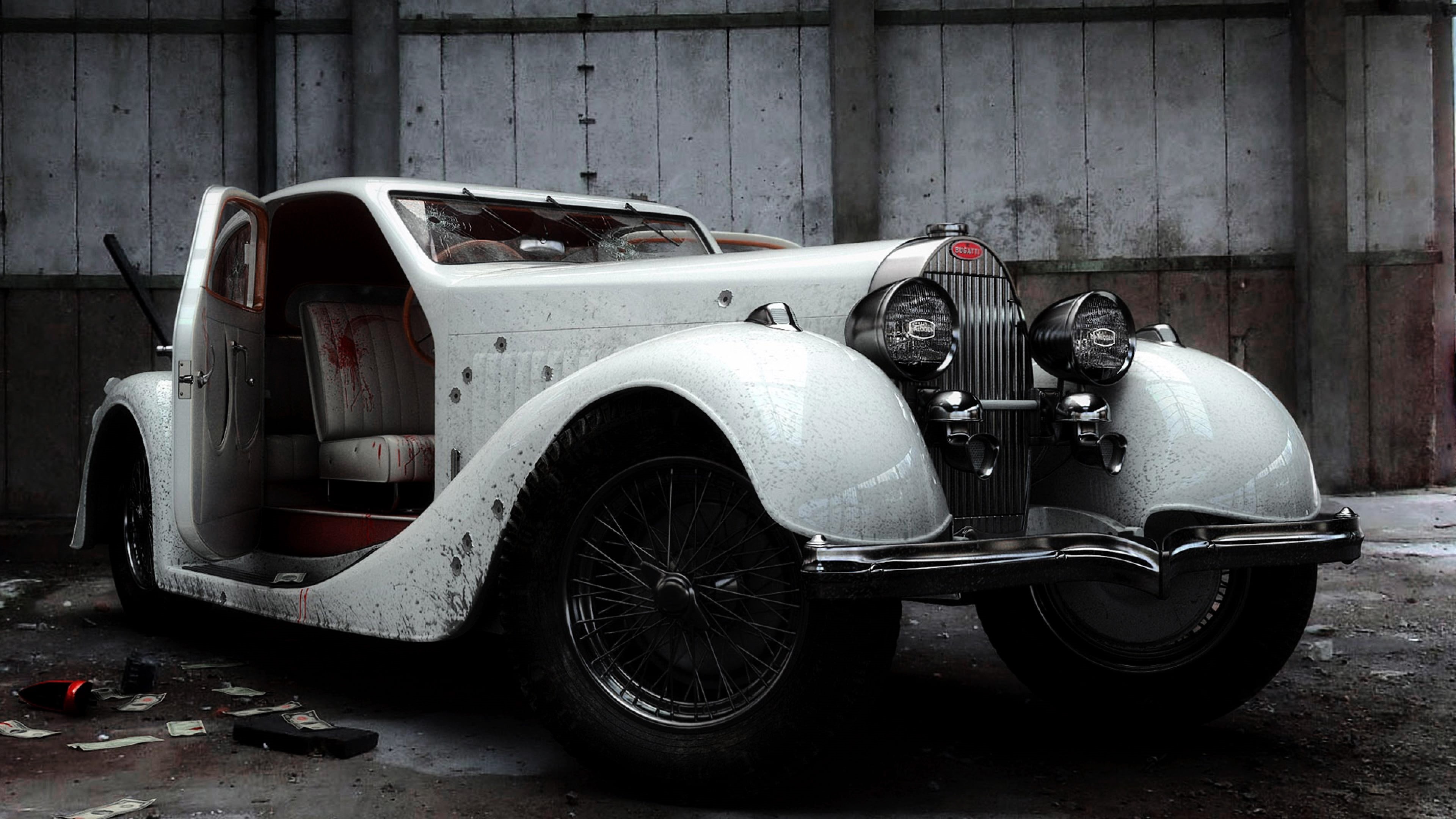 abandoned, Bugatti, coupe, stationary, old, built structure, retro styled, architecture, no people, wheel, gangsters, motor vehicle, Vintage car, outdoors, HD Wallpaper