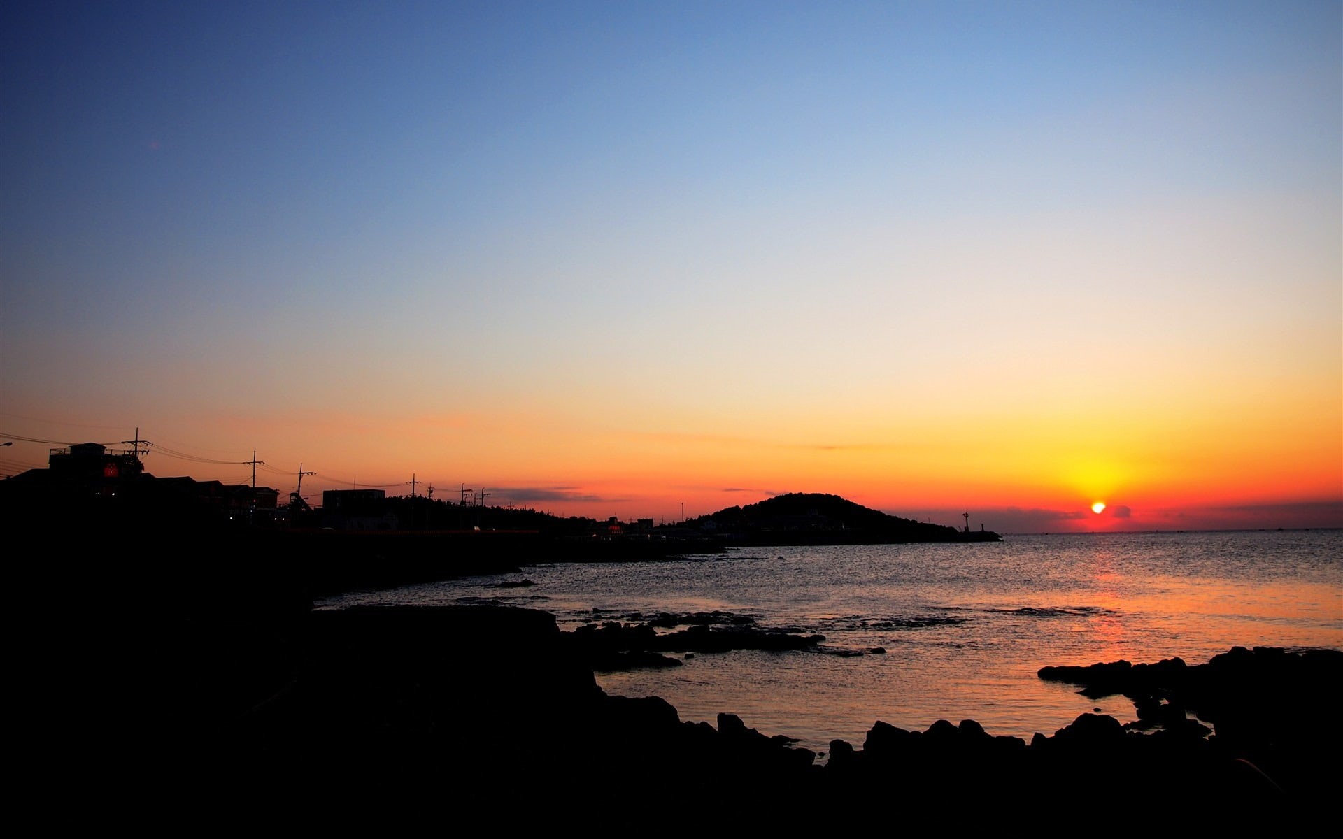 island, korea, sea, no people, scenery, copy space, clear sky, nature, orange color, silhouette, sunset, 1080P, beauty in nature, idyllic, water, HD Wallpaper