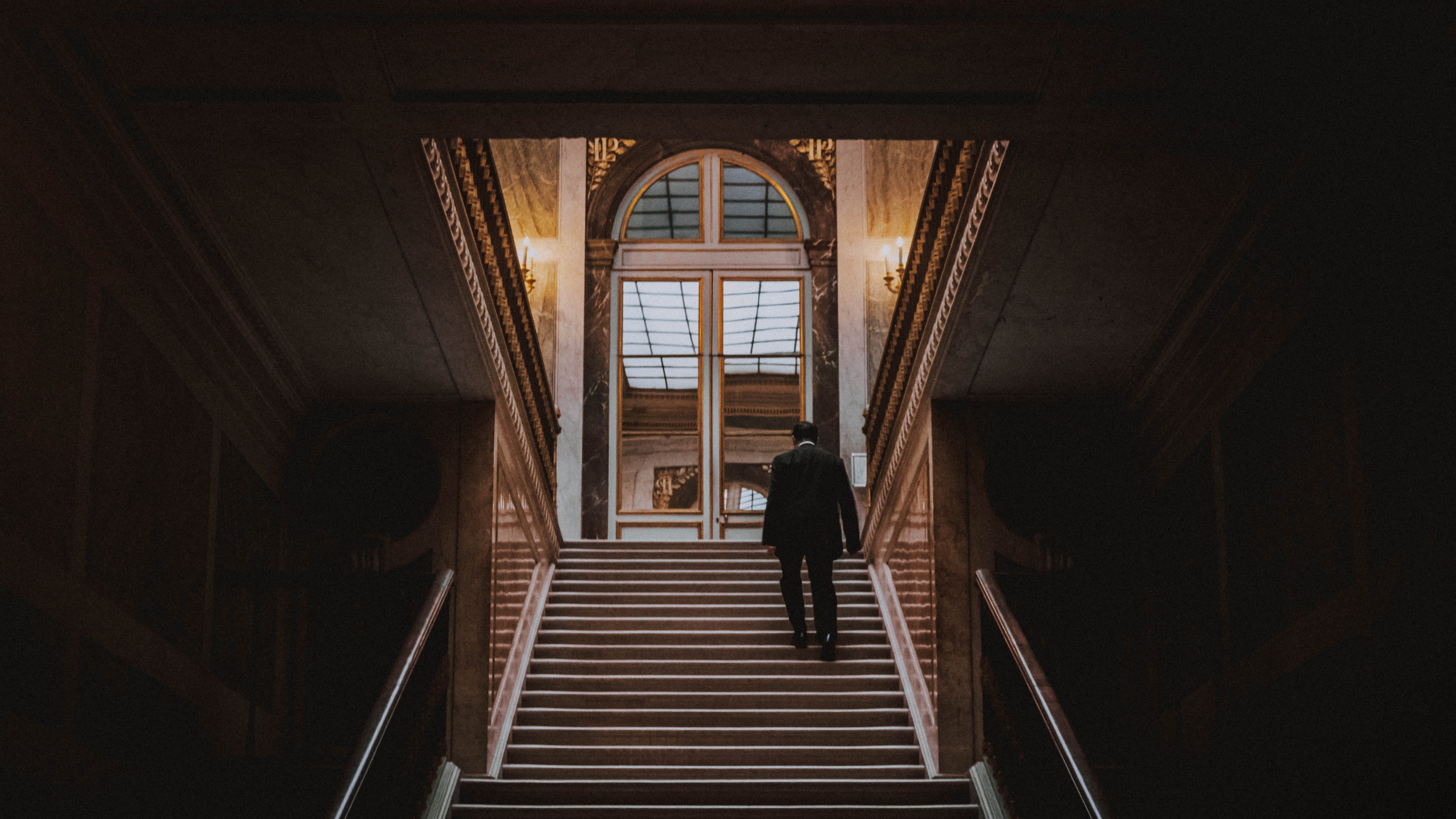 low angle view, staircase, railing, climbing, men, ceiling, arch, interior design, people, one person, real people, 5K, versailles, floor, steps and staircases, HD Wallpaper