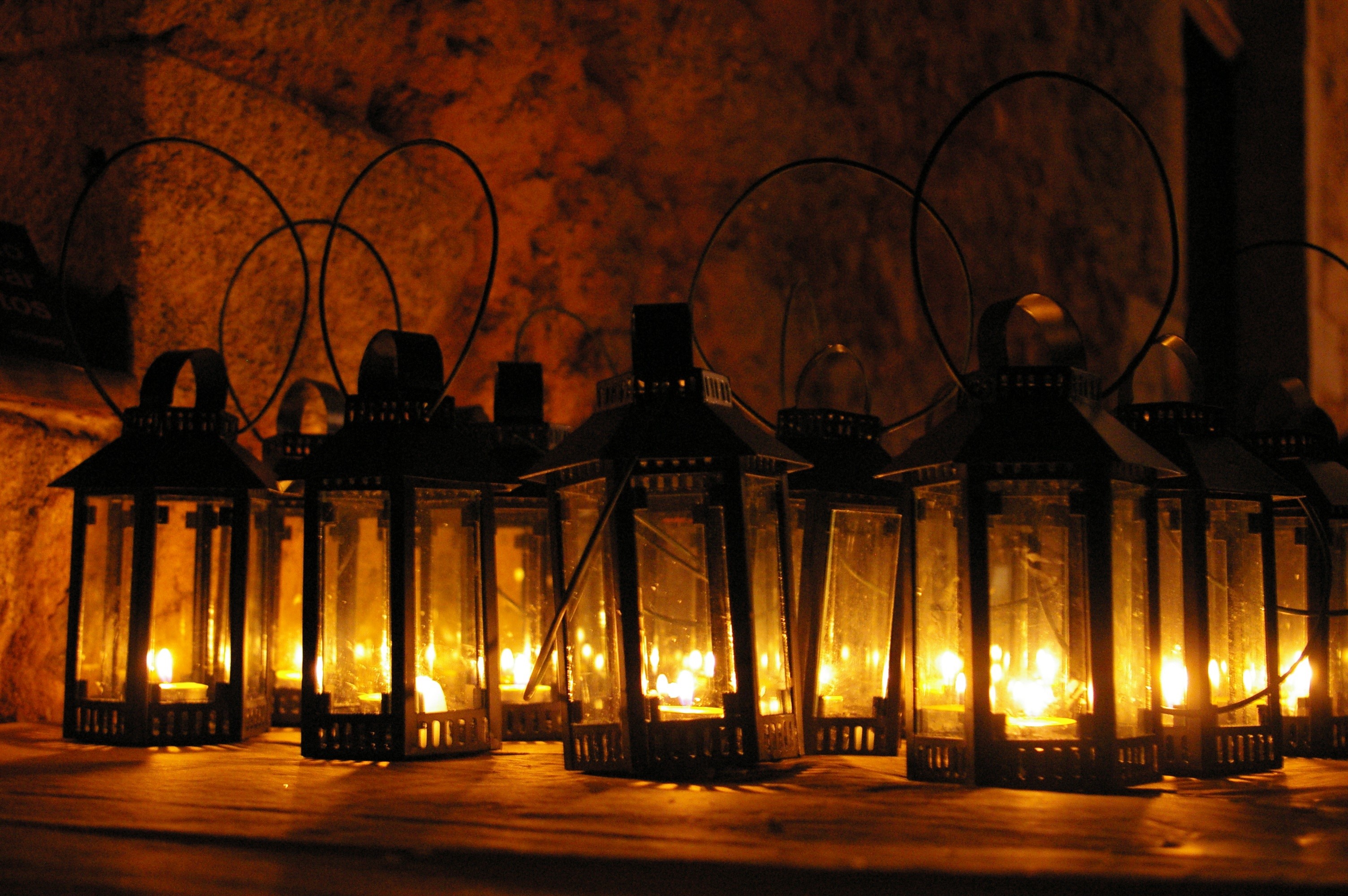 table, electric Lamp, lantern, illuminated, silhouette, no people, dark, night, old, bare tree, industry, history, candle, glowing, shadow, 2K, lot, architecture, HD Wallpaper