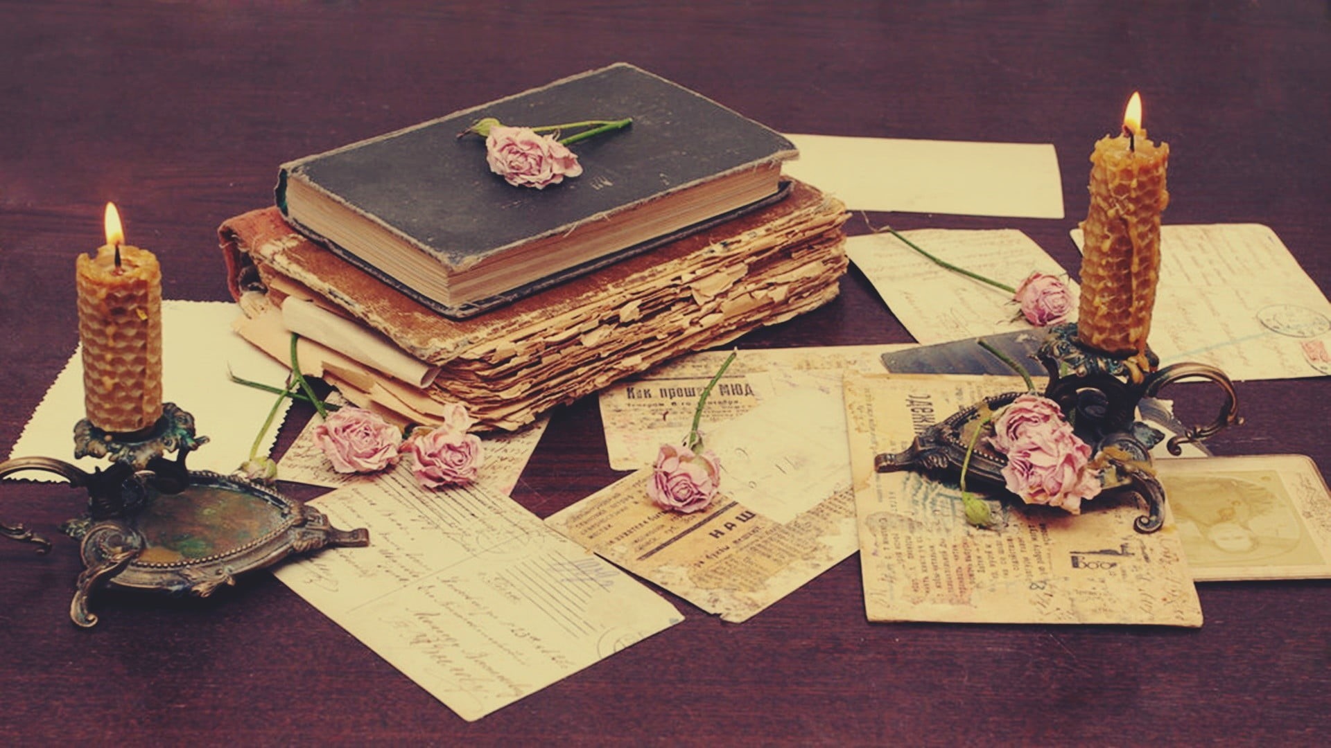 ancient, old, no people, directly above, table, vintage, two, close-up, text, creativity, antique, book, history, candles, brown, wooden, paper, the past, HD Wallpaper