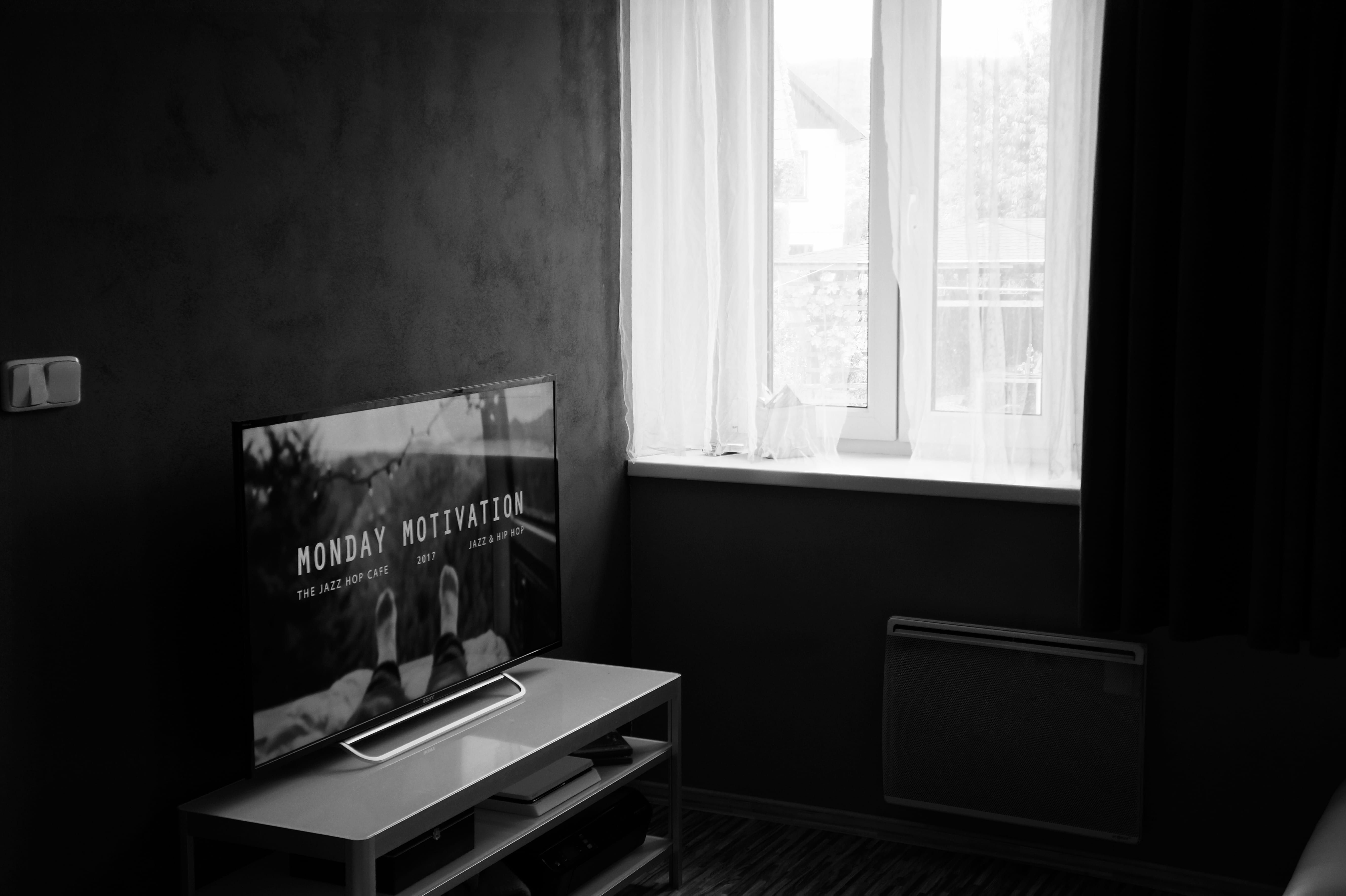 technology, 5K, flat, music, indoors, home interior, seat, scale, television, curtain, family, black-and-white, furniture, gray, tv, bedroom, architecture, HD Wallpaper