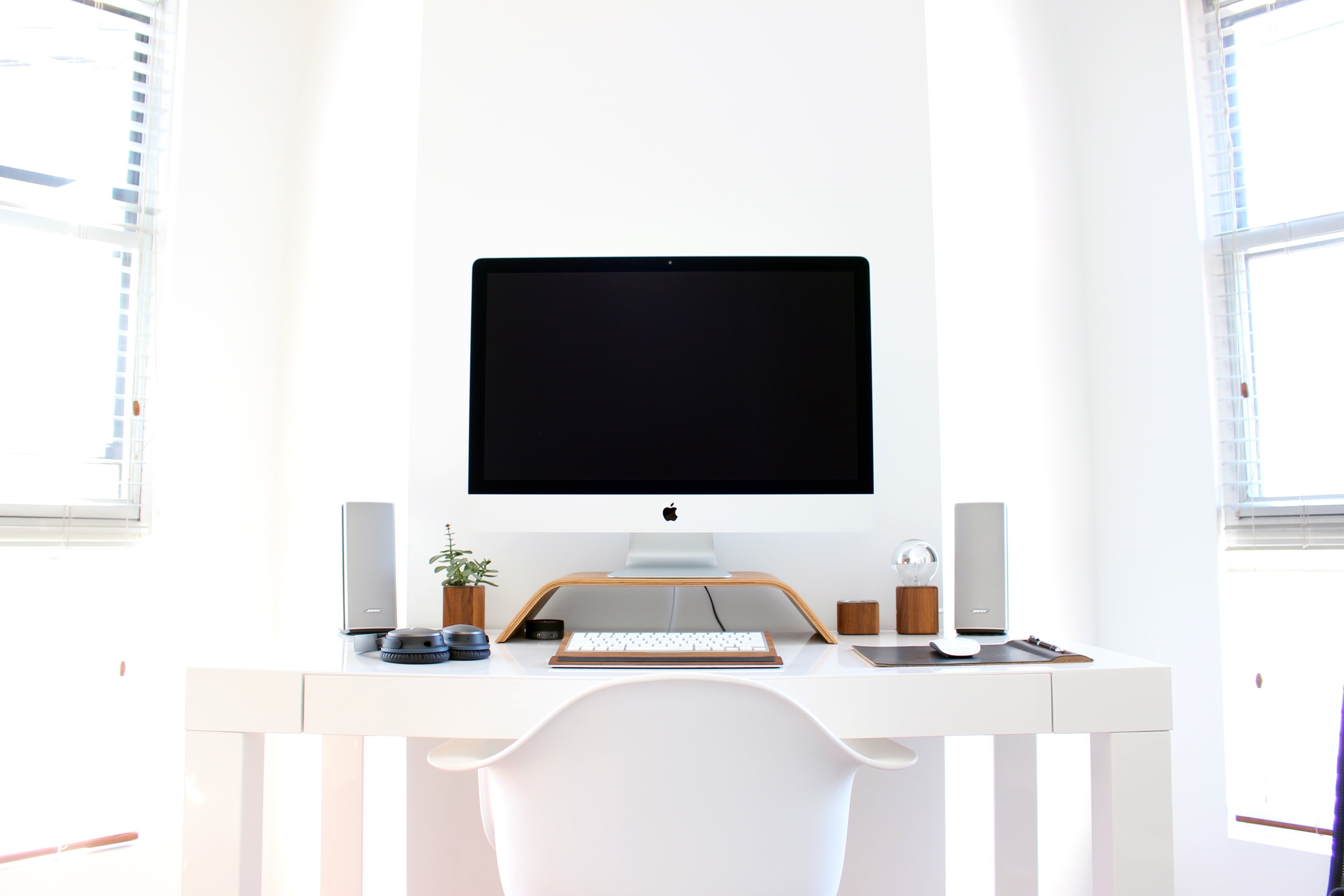 chairs, gadgets, imac, window, office, magic, flat screen, copy space, chair, indoors, paperweight, communication, windows, venetian, 5K, white, blinds, HD Wallpaper