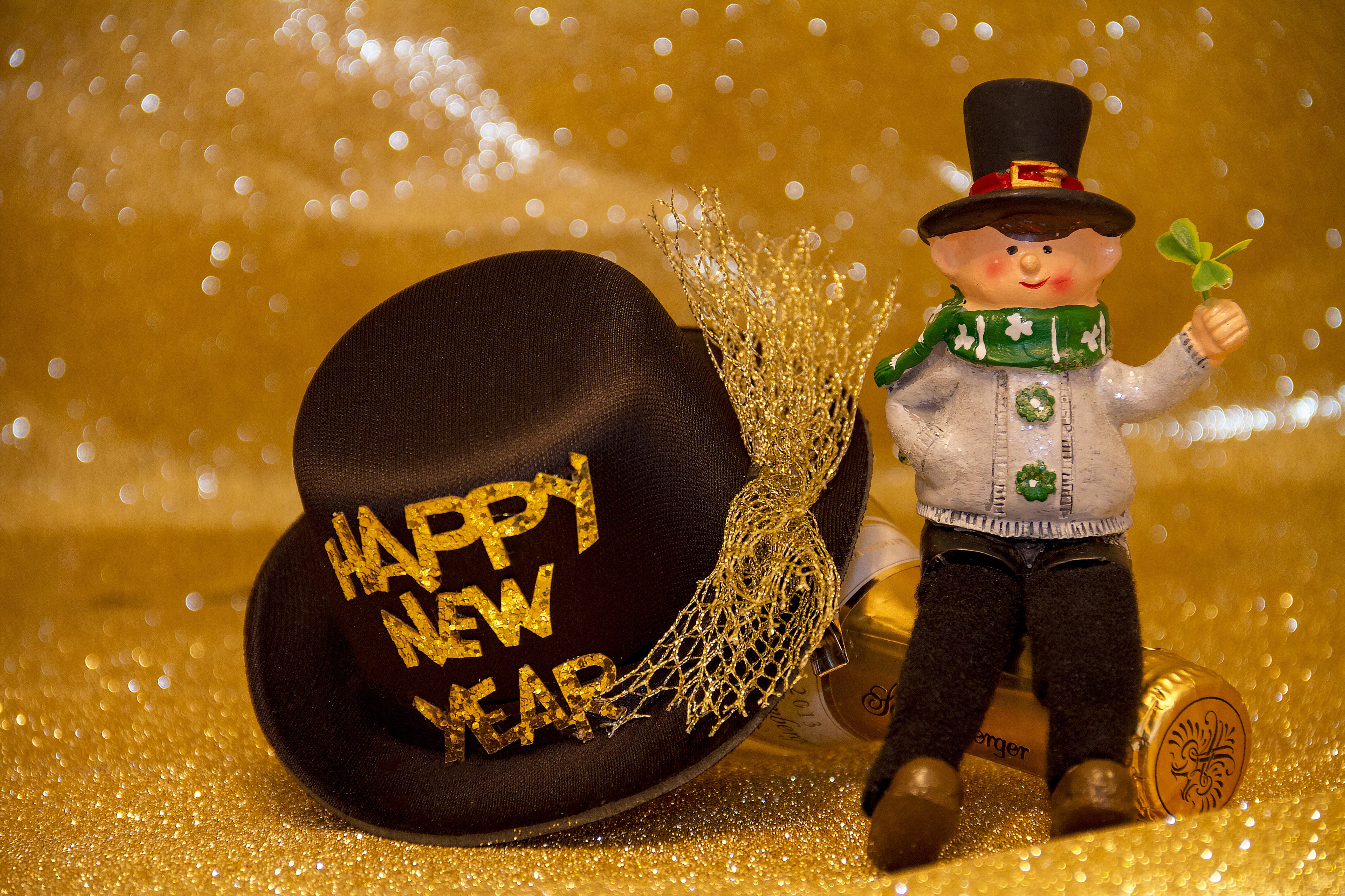 lucky charm, clothing, happy, celebration, hat, front view, new years eve, celebrate, luck, gold, annual financial statements, new year, text, child, drink, HD Wallpaper