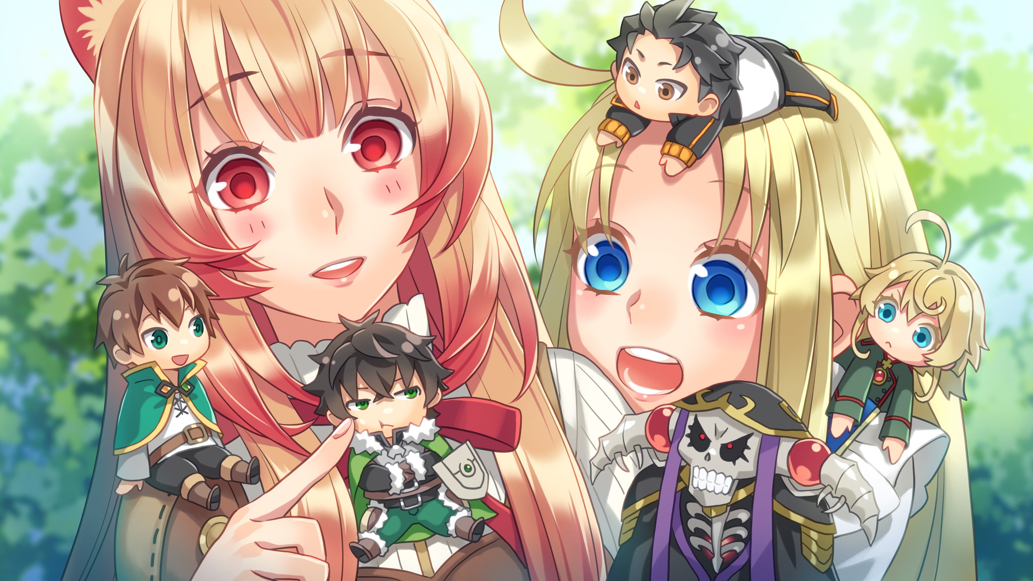 Ainz Ooal Gown, Raphtalia (The Rising of the Shield Hero), Filo (The Rising of The Shield Hero), Isekai Quartet, Naofumi Iwatani, Anime, 2K, Kazuma Satou, HD Wallpaper