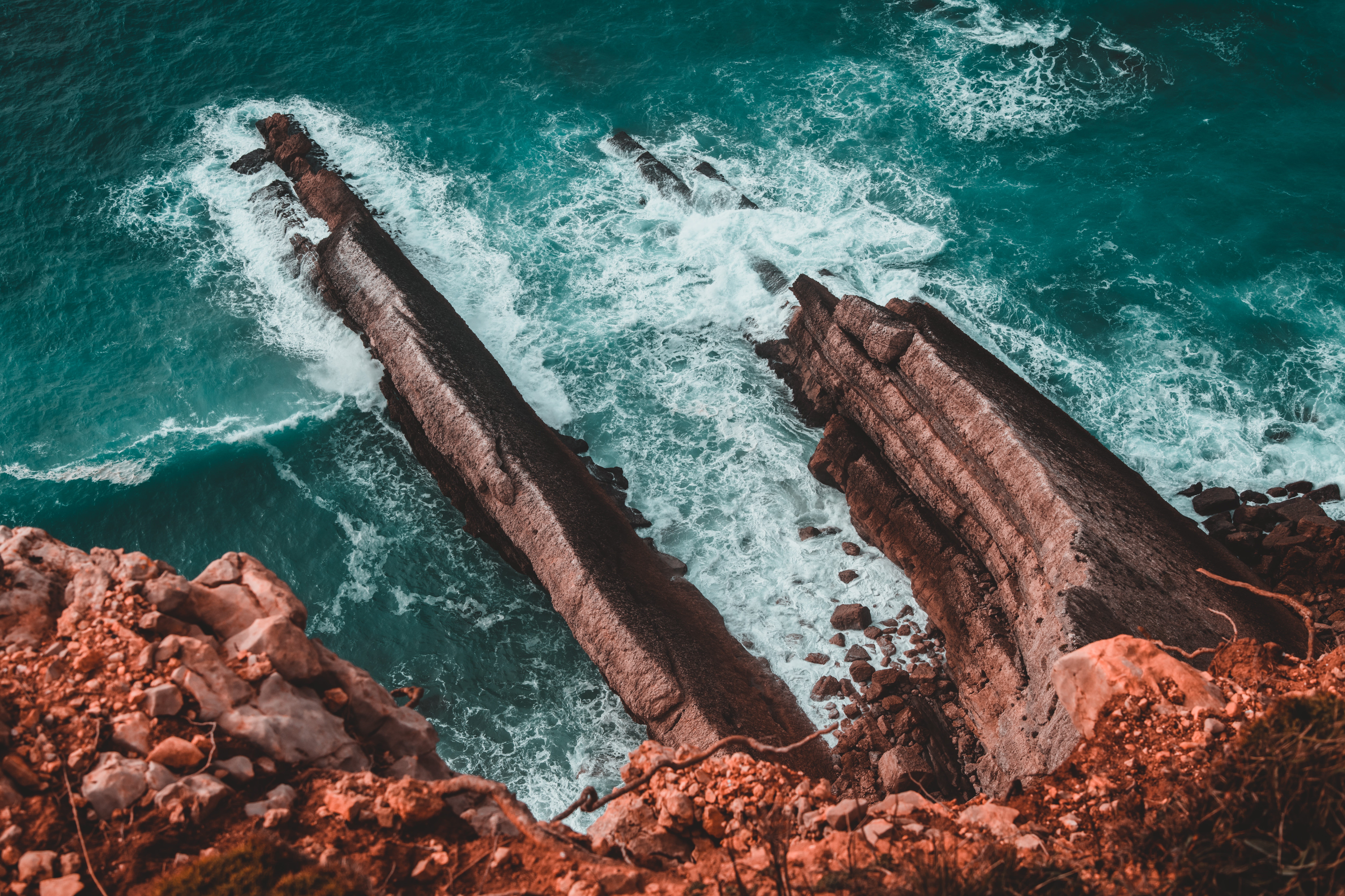 turquoise colored, motion, wood - material, no people, portugal, orange, rock - object, day, view, water, aerial, island, wave, covered, beauty in nature, HD Wallpaper