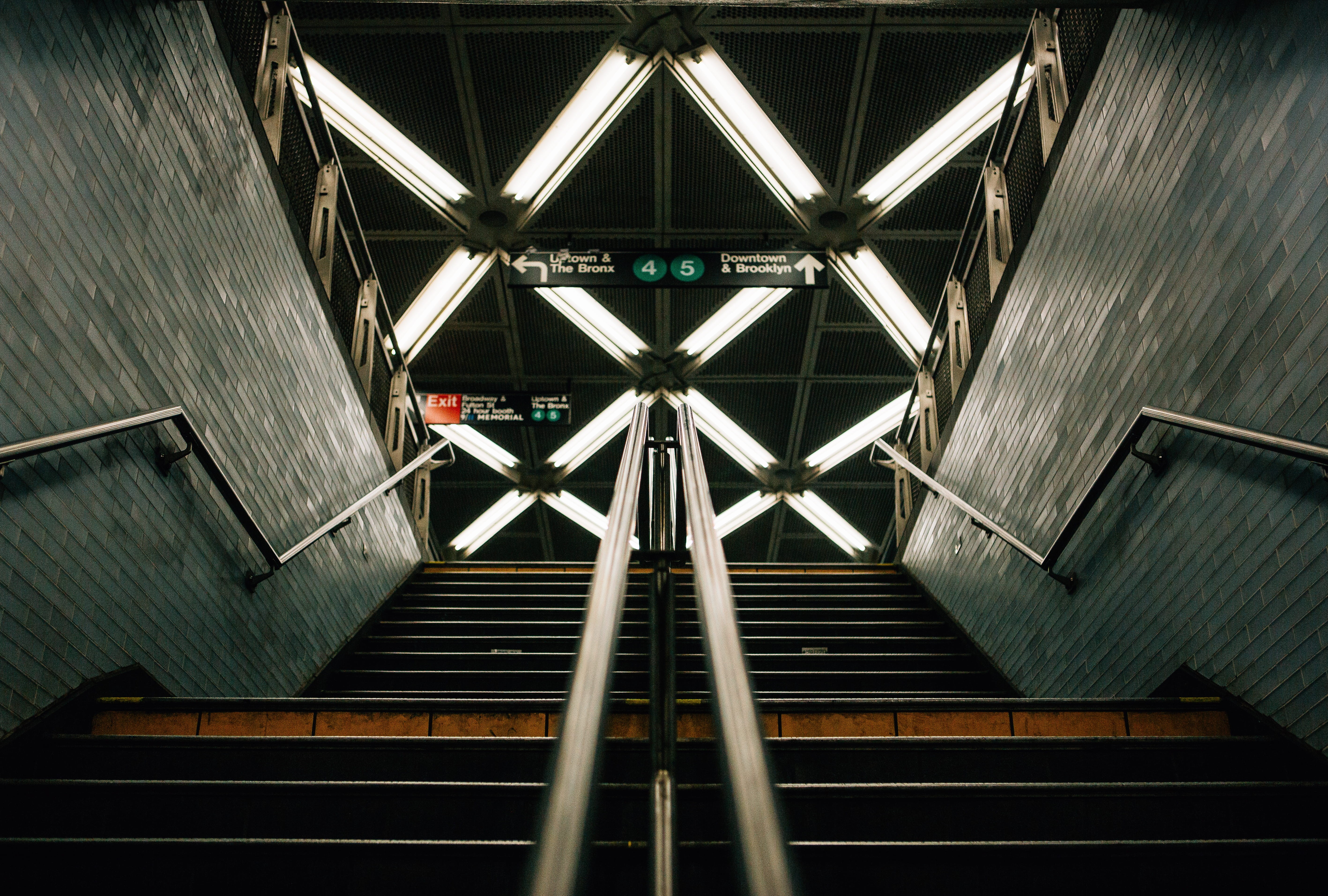 built structure, railing, public transportation, directly below, connection, transportation, low angle view, modern, steps and staircases, direction, 5K, HD Wallpaper