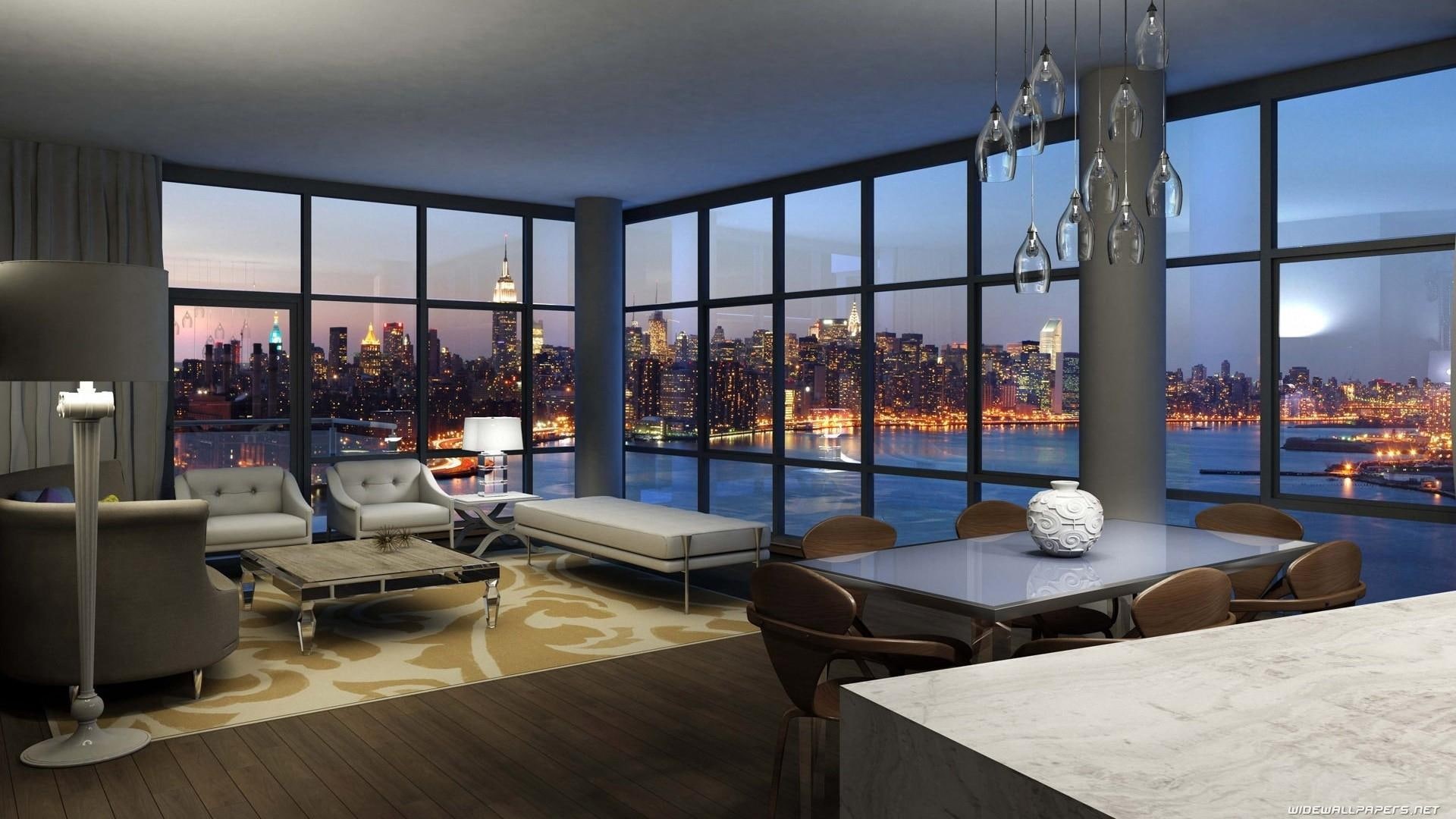 dusk, jersey, 1080P, beautiful, nature and landscapes, window, river, gray, frame, view, glass, nyc, living room, house, windows, HD Wallpaper