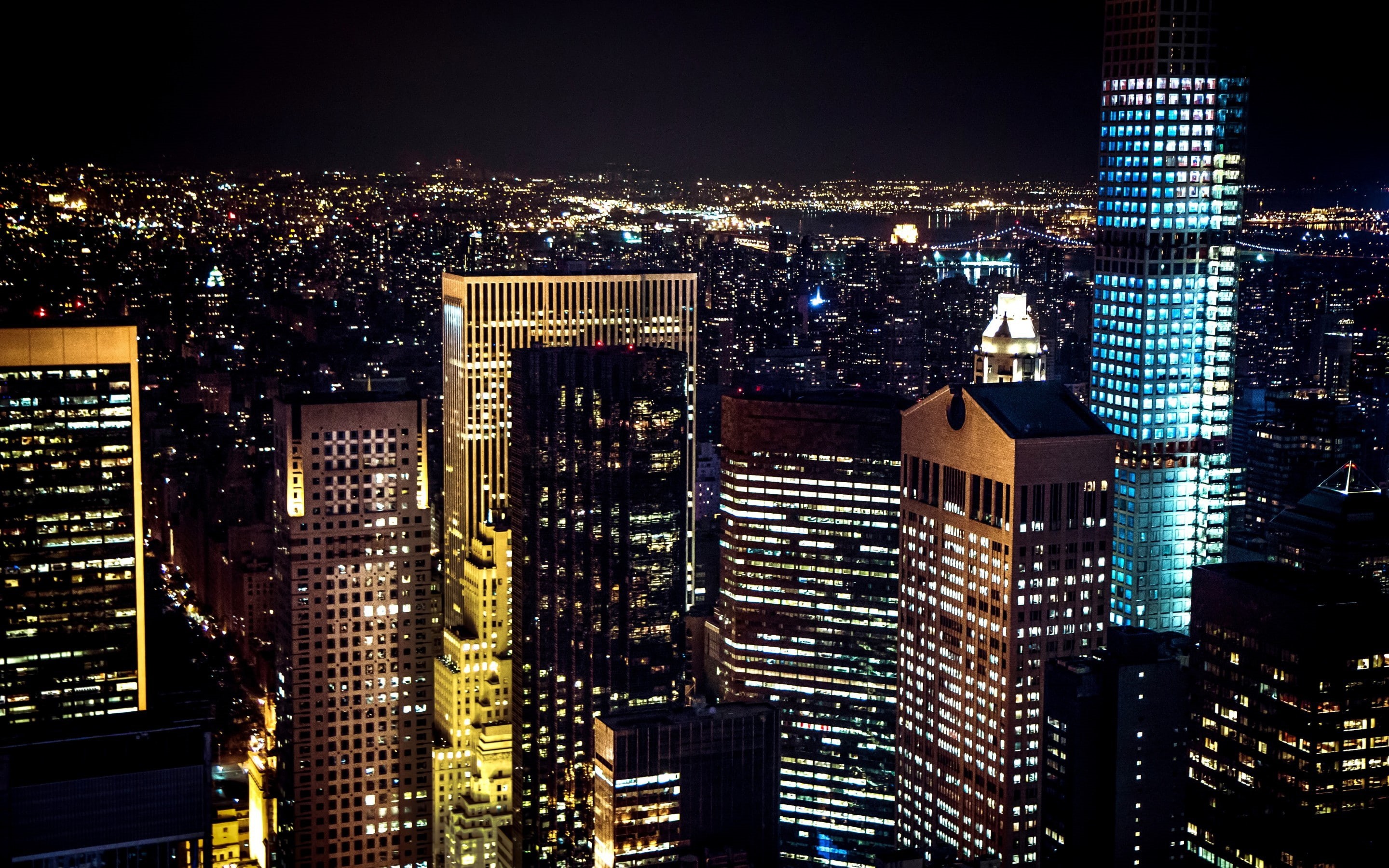 Night, New York City, lights, rise, windows, high, NYC, 2K, Buildings, panorama, city, time, Manhattan, USA, Skyscrapers, HD Wallpaper