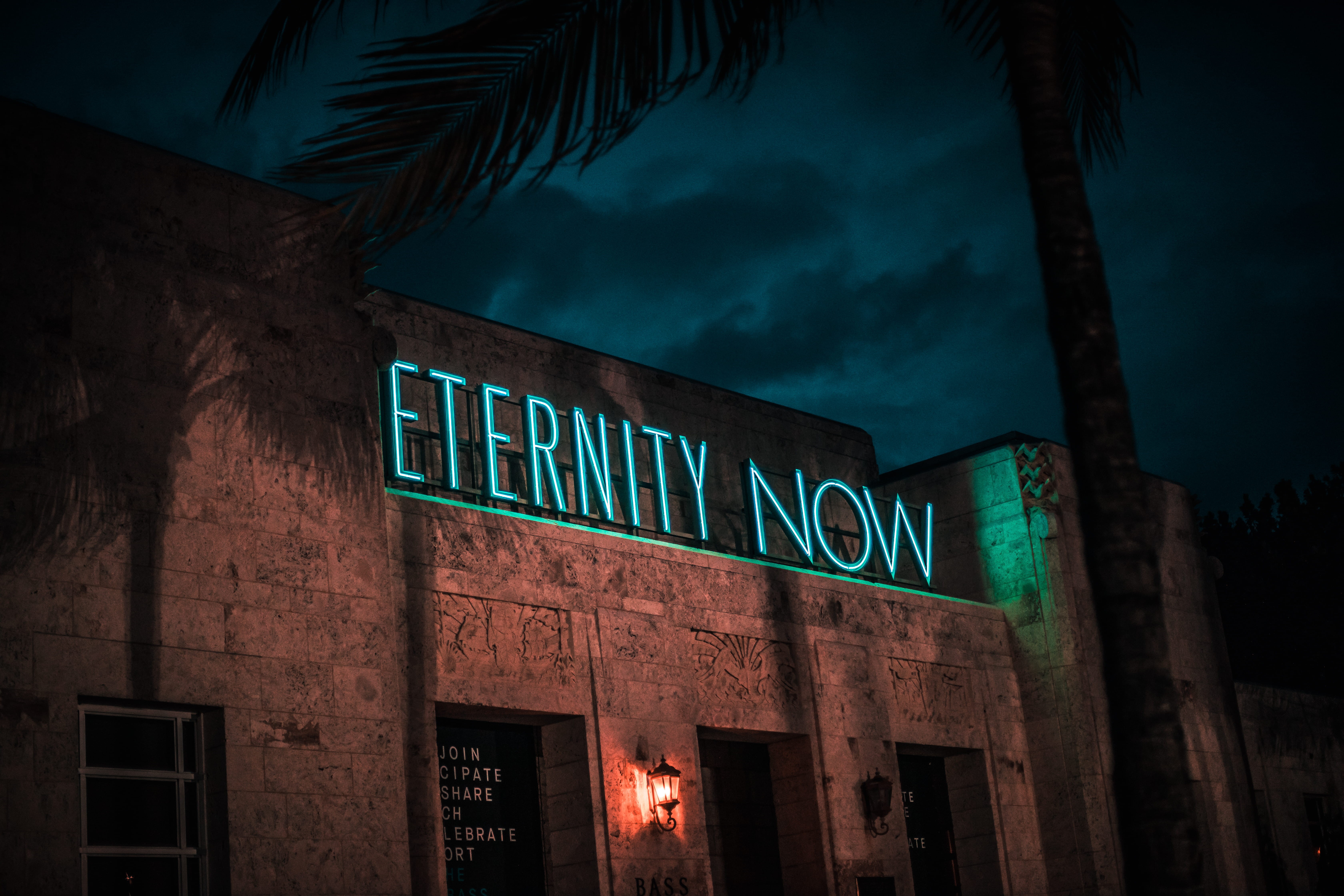 dusk, architecture, building, city, cloud, urban, low angle view, Eternity Now, palm tree, sign, illuminated, now, sky, night, western script, communication, HD Wallpaper