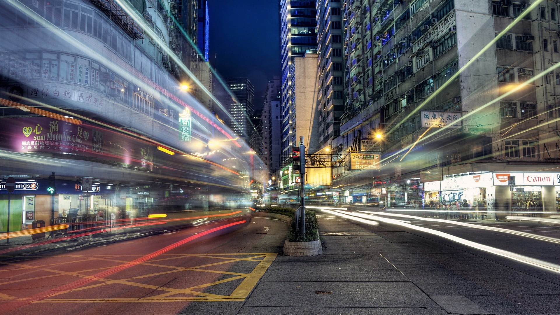 photography, night, double-decker bus, buildings, built structure, road, street, blurred motion, architecture, no people, mode of transportation, the way forward, HD Wallpaper