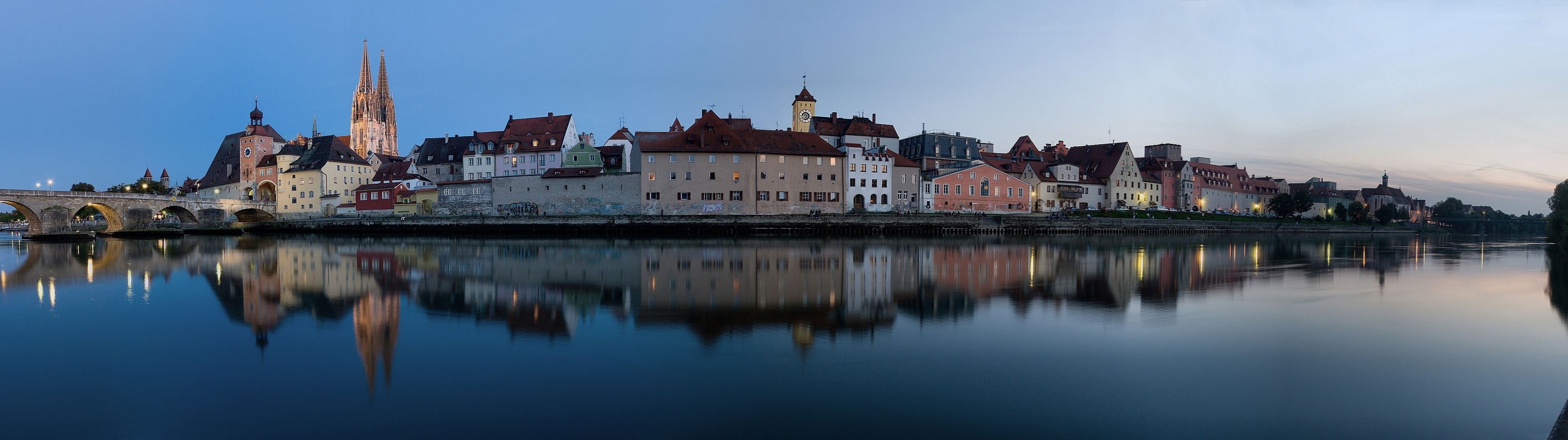 history, 4K, nature, buildings, river, no people, city, religion, Regensburg, tall, town, the past, sky, water, sunset, multiple display, travel destinations, HD Wallpaper