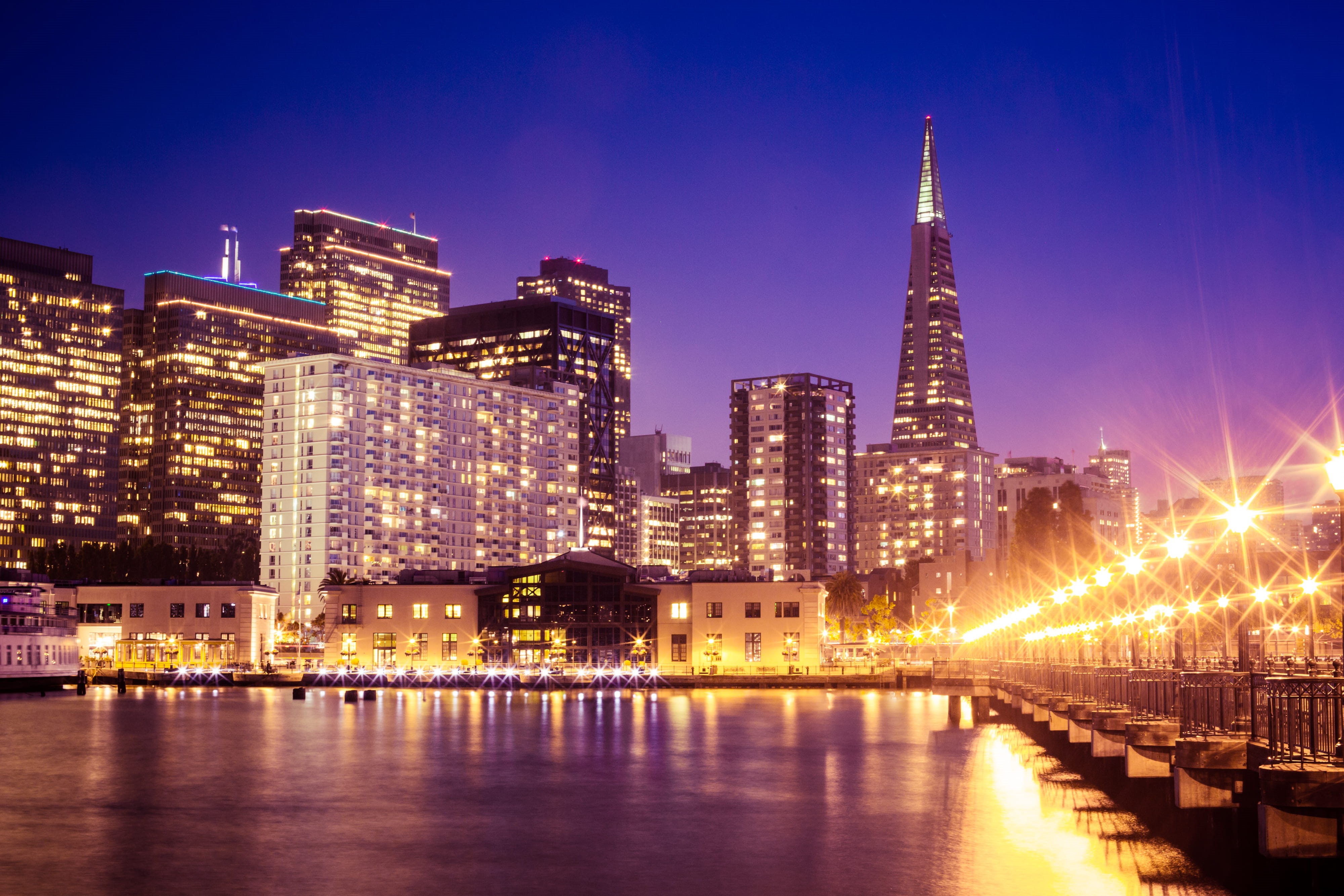 at Night, twilight, san, waterfront, evening, famous Place, Wonderful, nightlife, building Exterior, city lights, lights, no people, San Francisco, night, HD Wallpaper