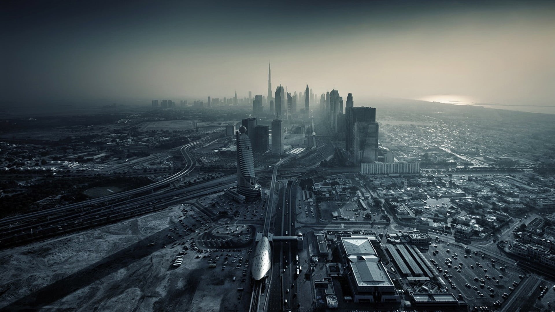 city, skyscraper, photo, building exterior, road, financial district, modern, cityscape, crowded, Dubai, multiple lane highway, 1080P, travel destinations, HD Wallpaper