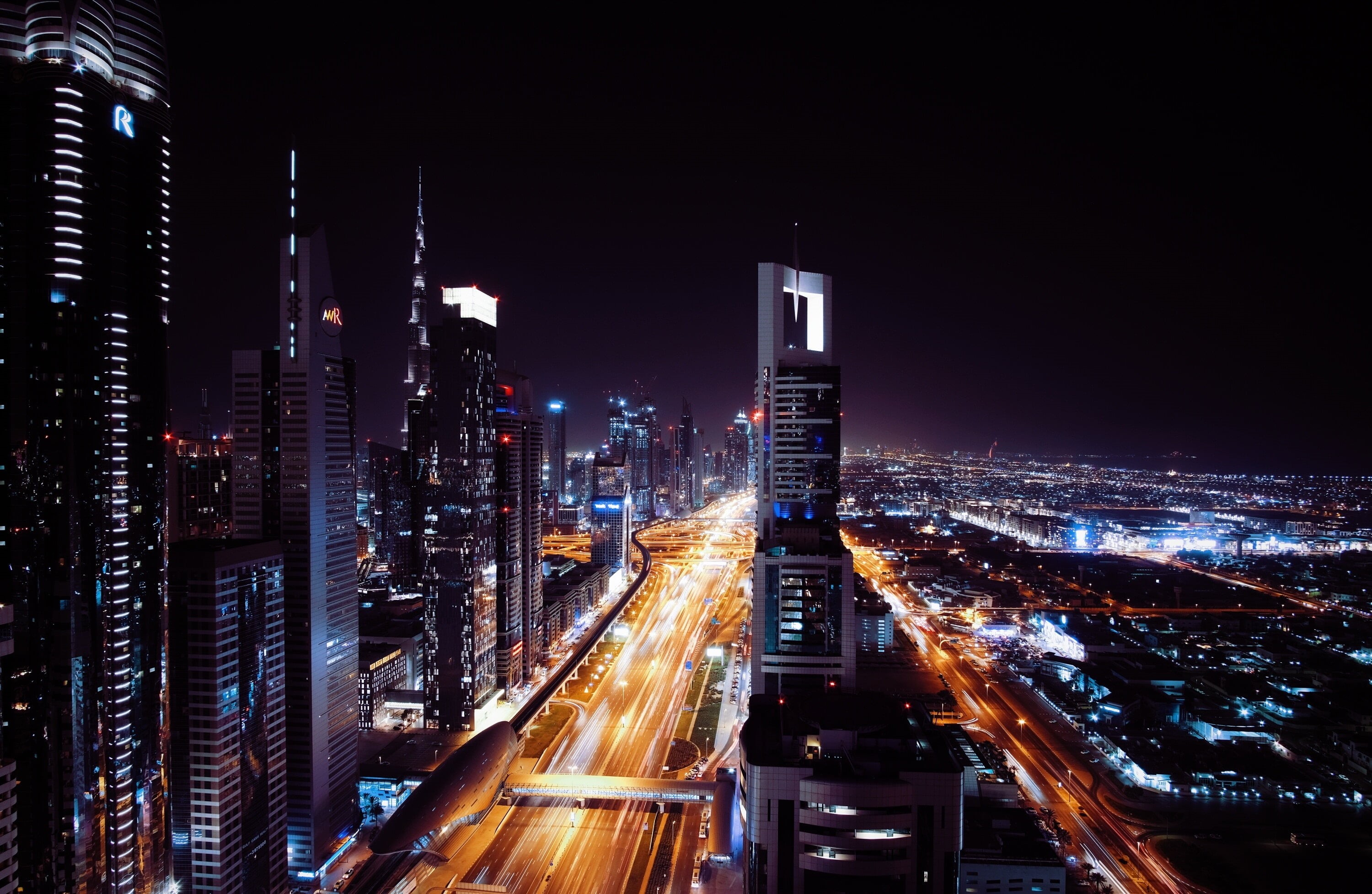 road, blue, office Building, asia, rise, twilight, long Exposure, dusk, office building exterior, light trail, tower, speed, traffic, skyscraper, night city, HD Wallpaper