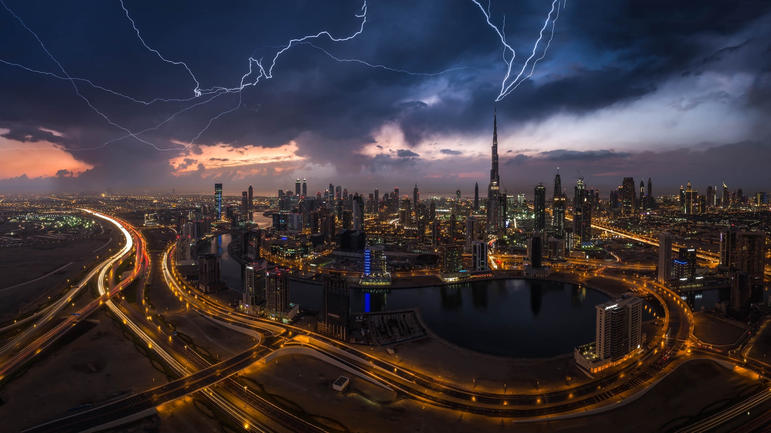 the evening, UAE, 1080P, zipper, lightning, Dubai, lights, the city, Burj Khalifa, HD Wallpaper