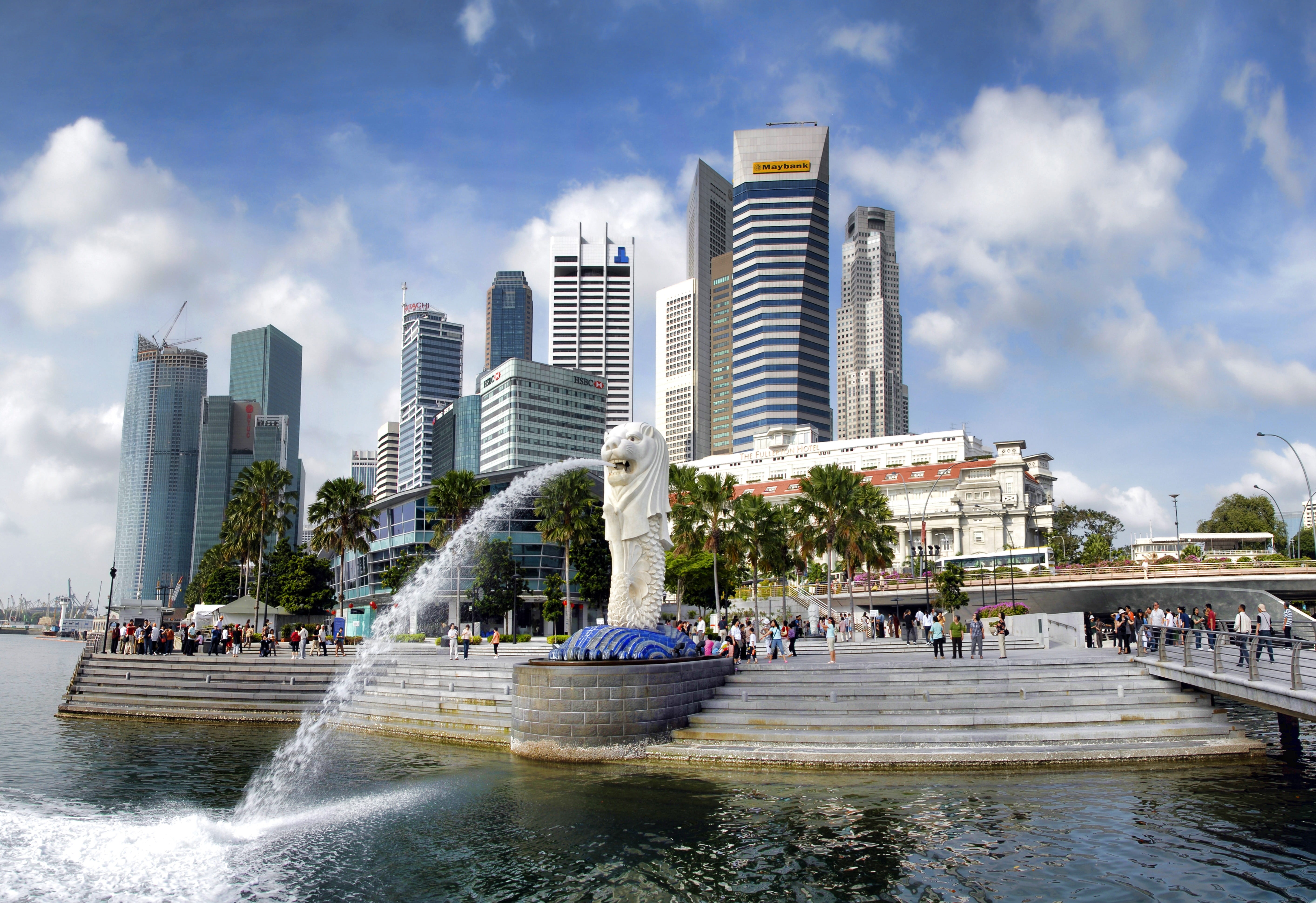 cloud - sky, cityscape, attraction, waterfront, urban skyline, skyline, modern, spraying, sky, travel, Singapore, building exterior, Landmark, tall - high, HD Wallpaper