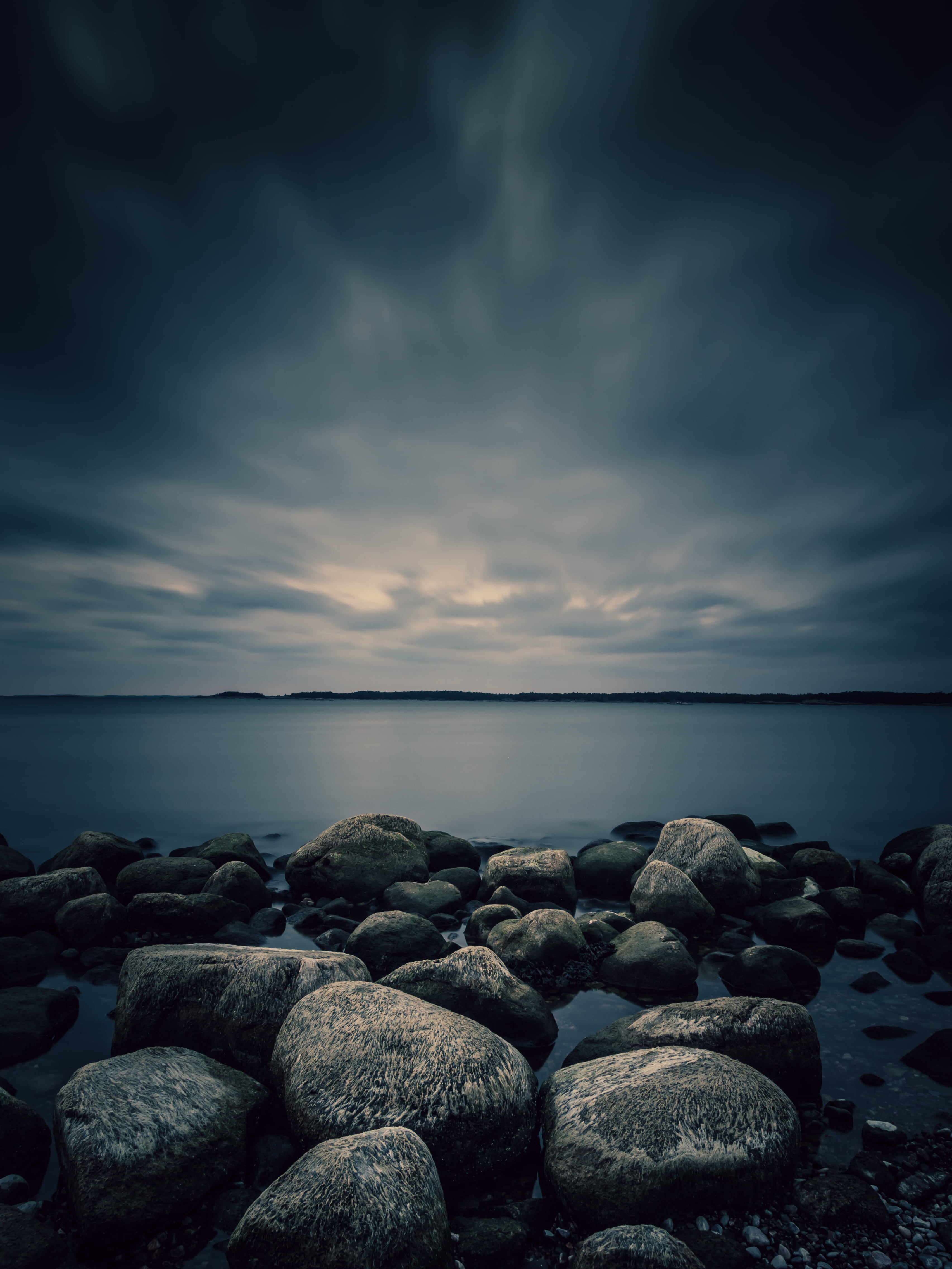 rock - Object, Night, body, scenics, water, black, 4K, body of water, mood, blue, stone, landscape, finland, fineart, drama, cloud - Sky, lot, porkkalanniemi, Phone HD Wallpaper