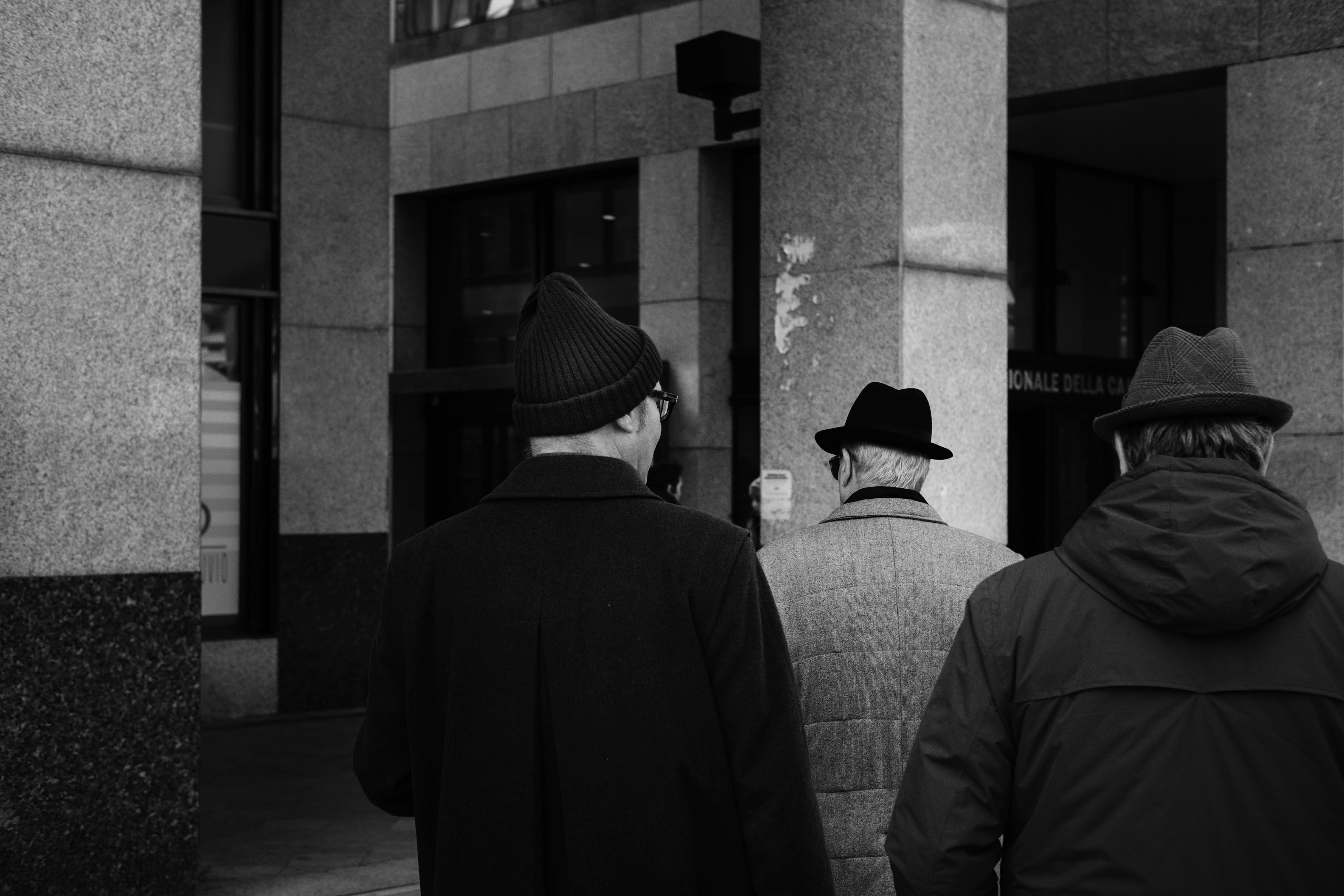 overcoat, apparel, beanie, three, hat, bonnet, building exterior, uniform, group of people, lifestyles, built structure, day, walking, monochrome, men, HD Wallpaper