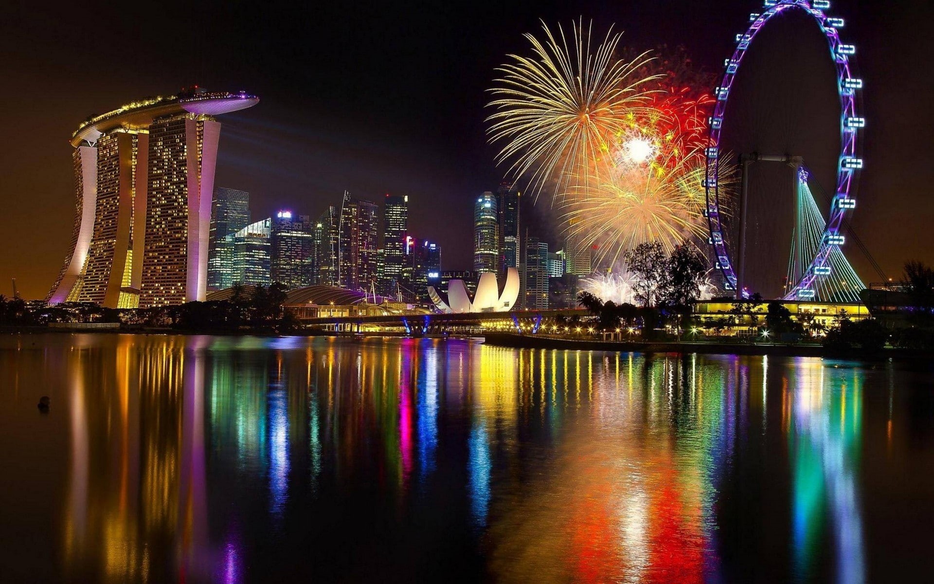 modern, illuminated, building exterior, event, firework display, cityscape, nightlife, 1080P, waterfront, city, no people, reflection, ferris wheel, Marina Bay, HD Wallpaper