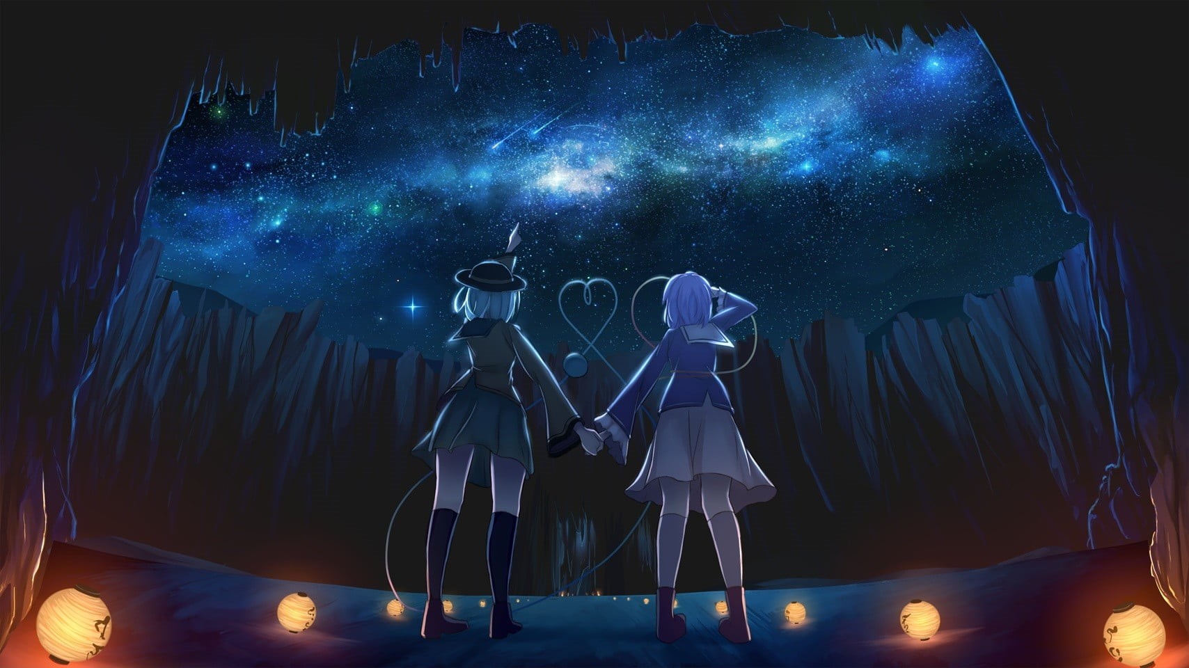 light, lighting equipment, Touhou, night, knee-highs, Endless Space, creativity, holding hands, Komeiji Koishi, anime girls, costume, decoration, full length, HD Wallpaper