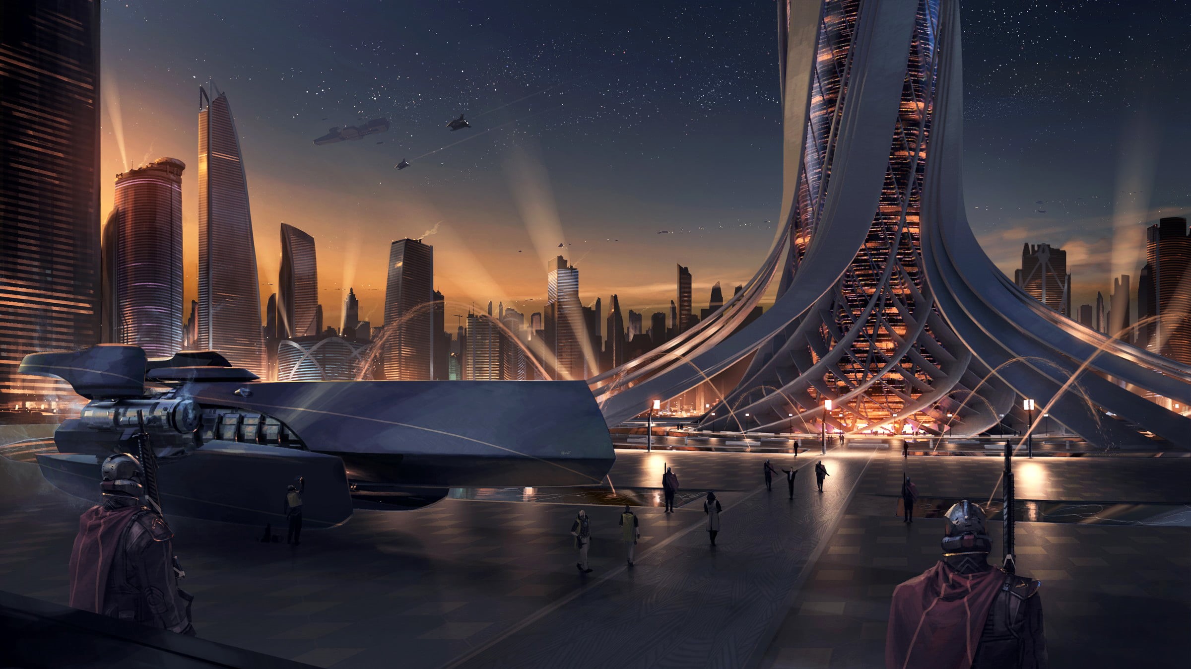 Amplitude Studios, digital art, Aurelien Rantet, cityscape, building, science fiction, night sky, tower, spaceship, 1080P, artwork, video game art, Endless, HD Wallpaper
